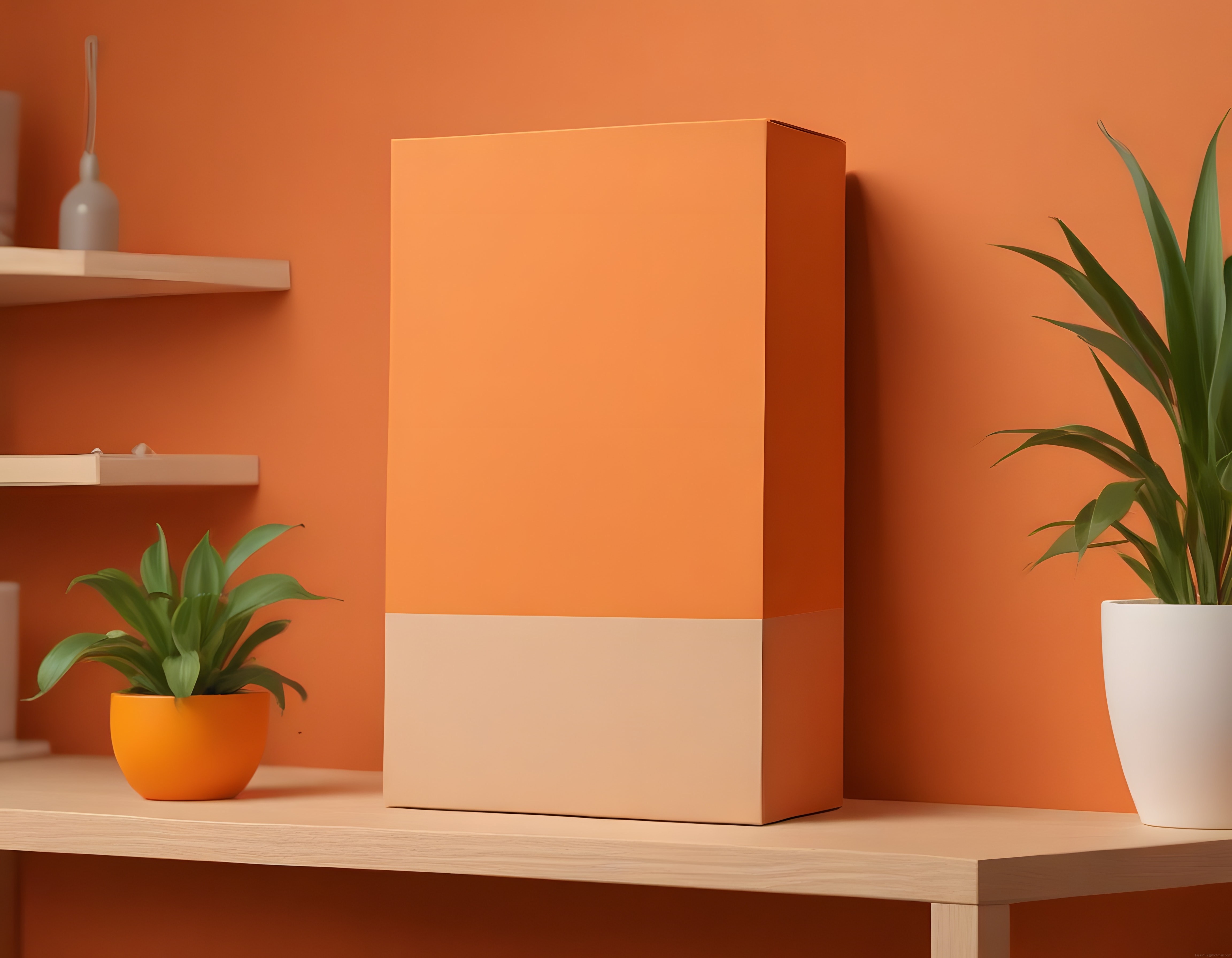 Turuncu Duvarlı Minimal Mekanda Modern Ürün Kutusu ve Canlı Bitkiler