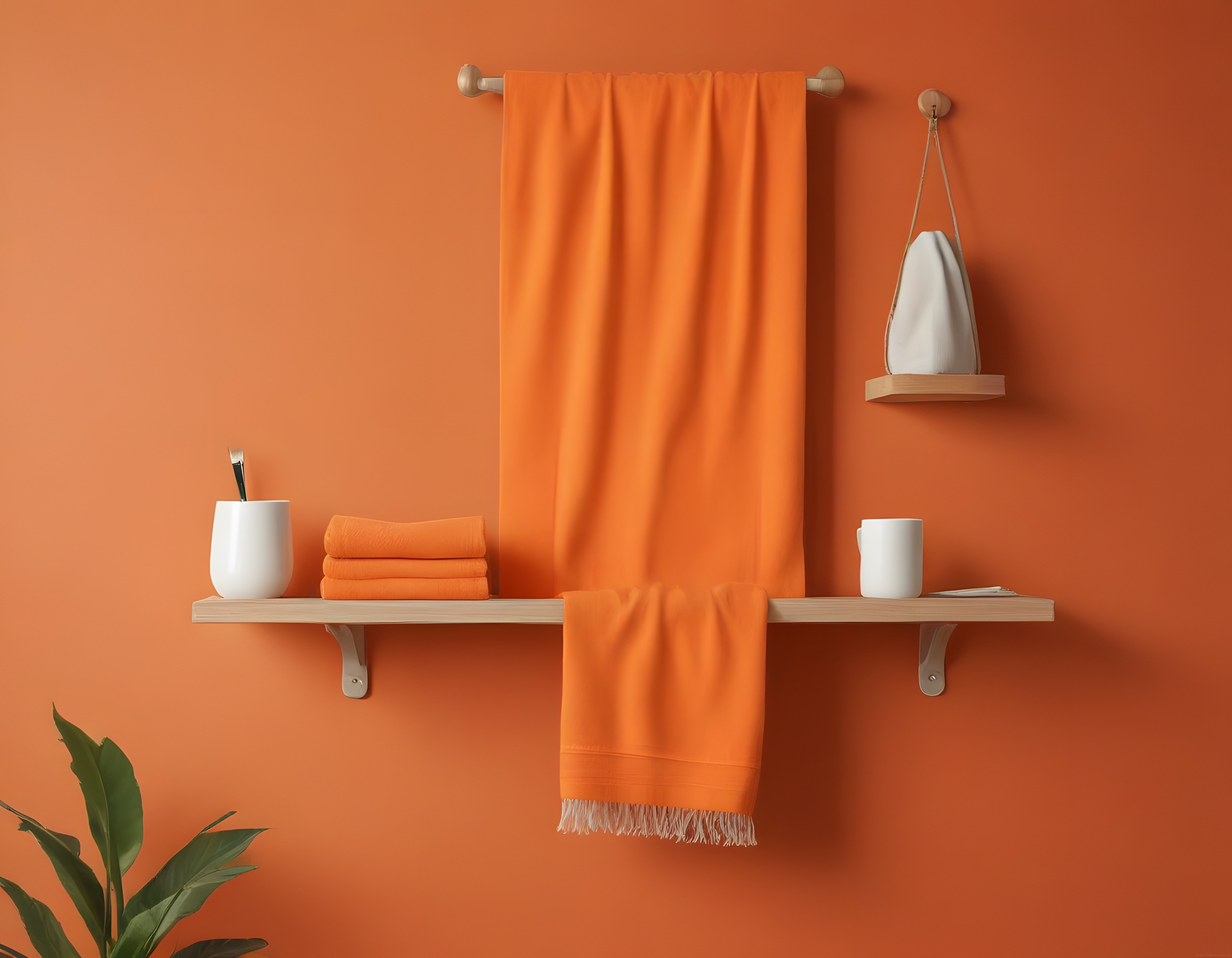 Turuncu Duvarlı Minimalist Banyo Köşesi ve Organik Dekorasyon Detayları