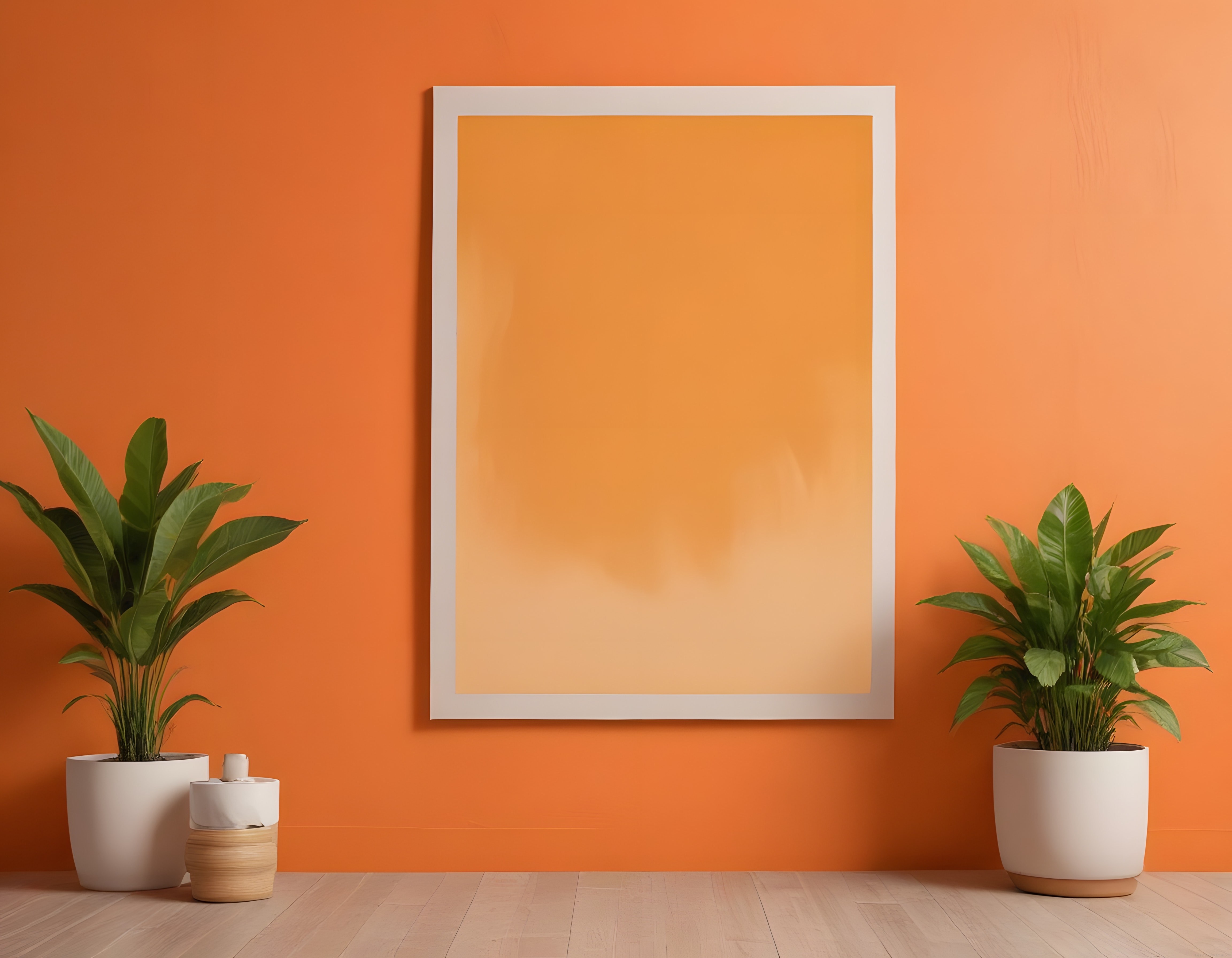 Turuncu Duvarlı Modern Mekanda Beyaz Çerçeveli Boş Poster ve Bitkiler