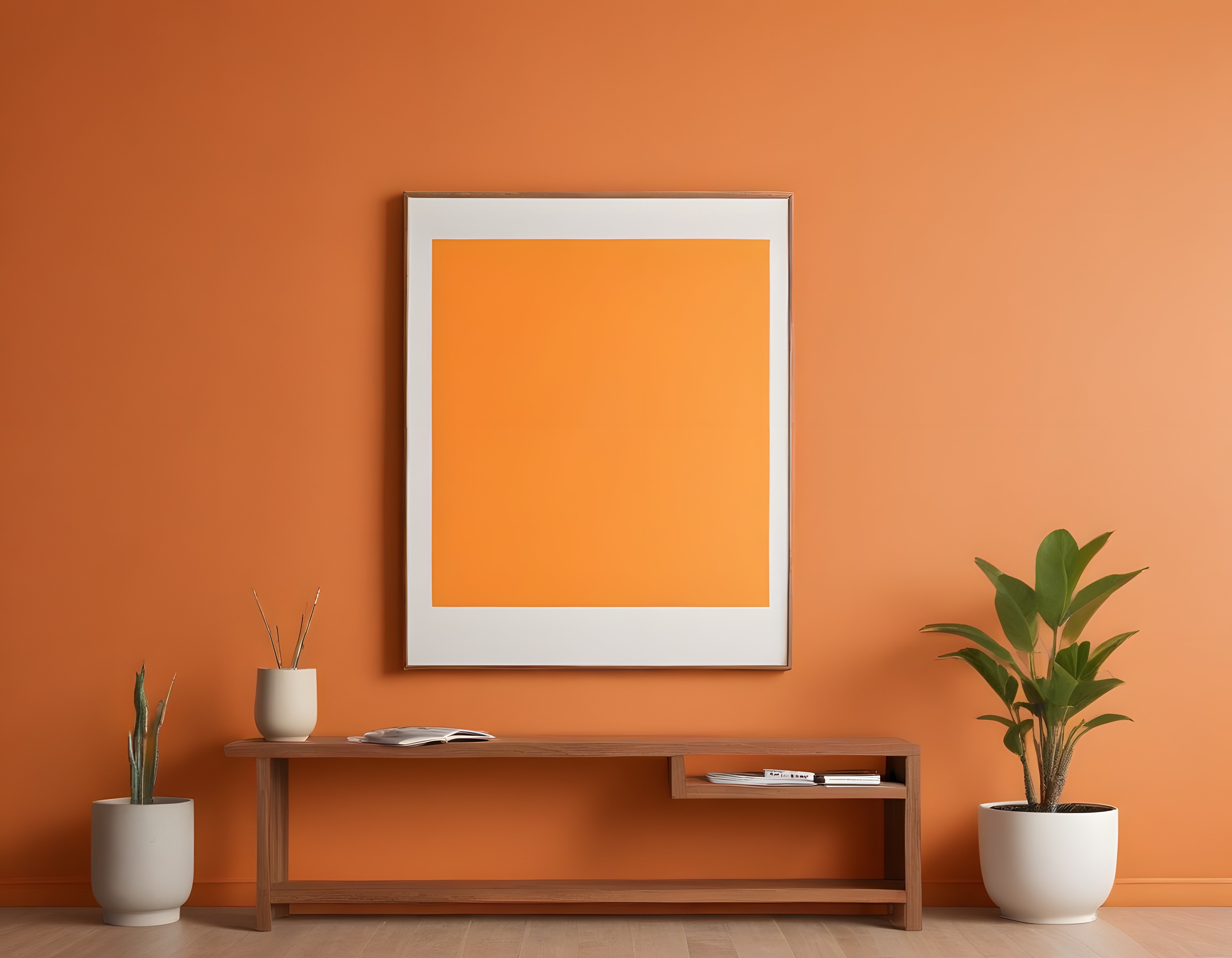 Turuncu Duvarlı Modern Salon Dekorasyonu ve Boş Çerçeve Mockup Tasarımı
