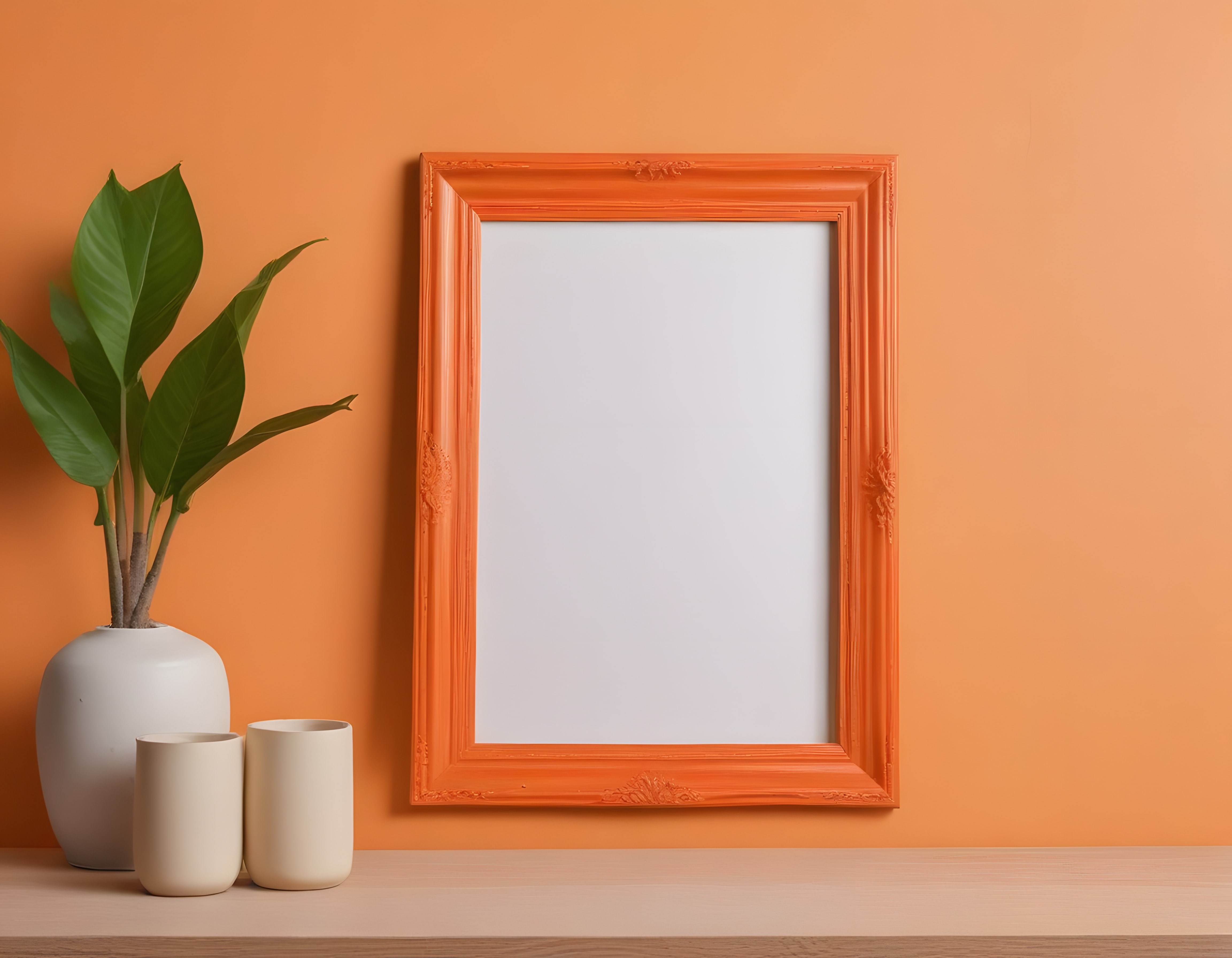 Turuncu Duvarlı Odada Boş Çerçeve ve Seramik Vazolu Minimalist Dekor
