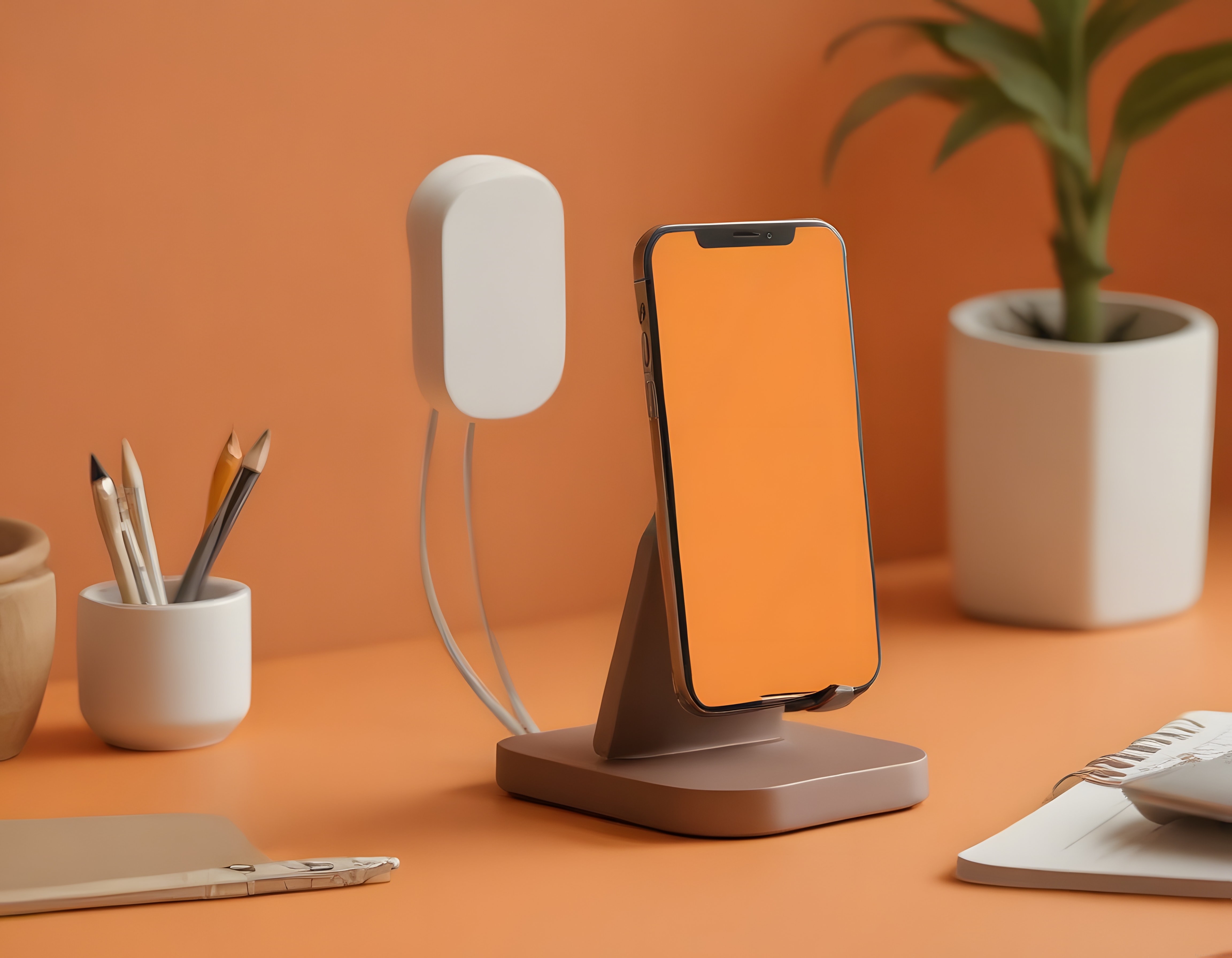 Turuncu ekranlı akıllı telefon, şarj standı ve minimal masaüstü düzeni