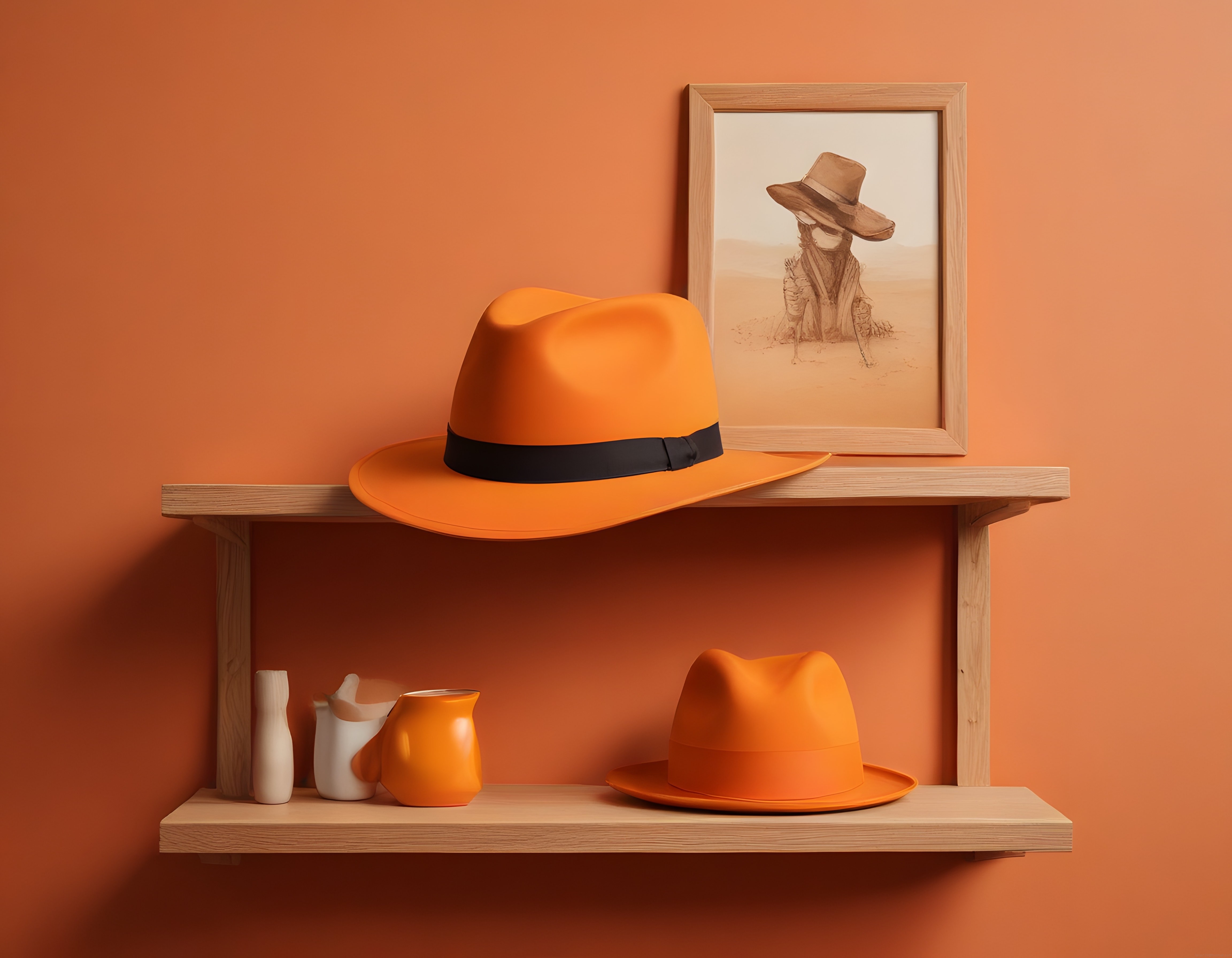 Turuncu fedora şapkalı estetik raf düzenlemesi ve vintage çerçeve detayı
