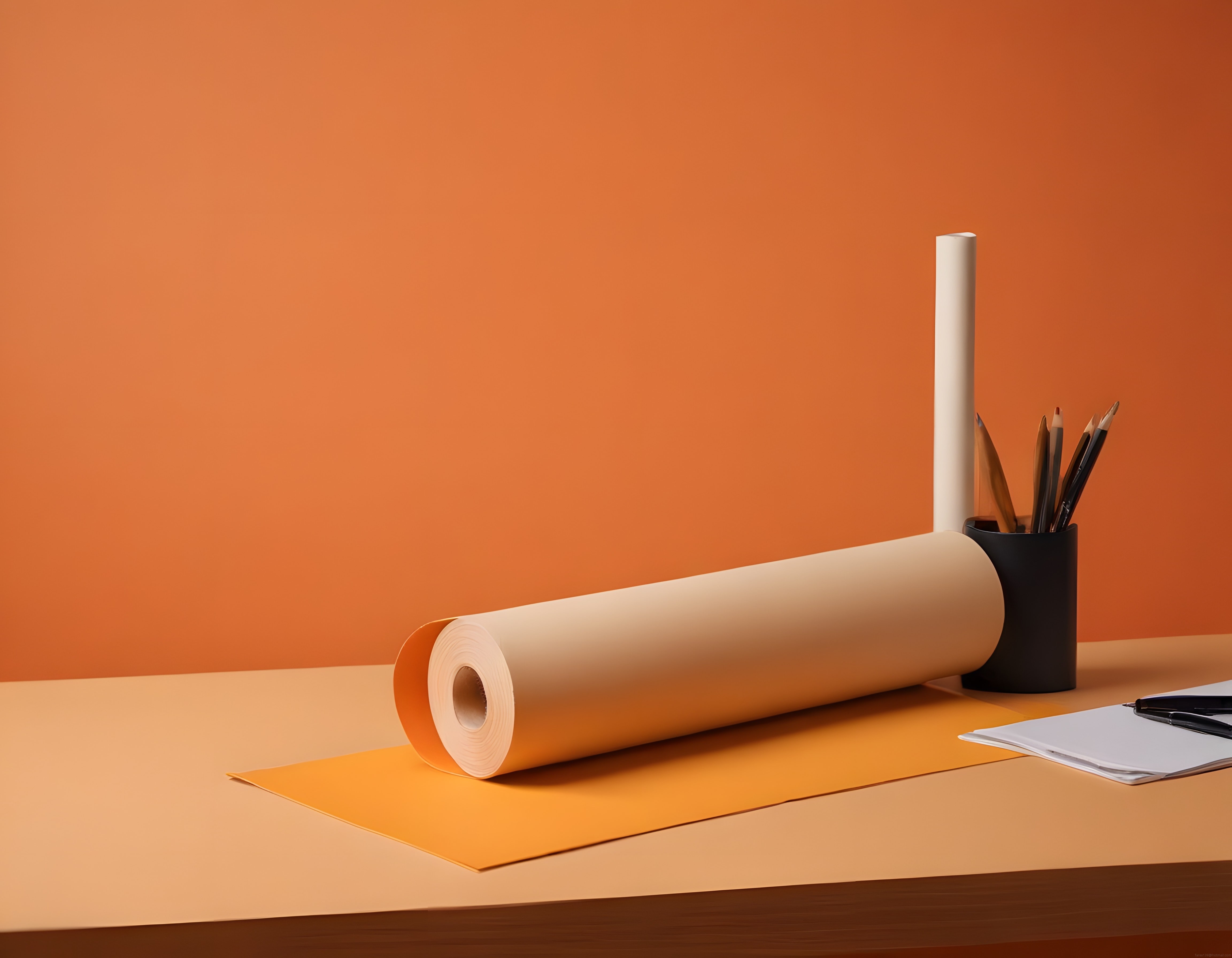 Turuncu Fonlu Stüdyoda Rulo Kağıt ve Minimalist Çizim Aksesuarları Düzenlemesi