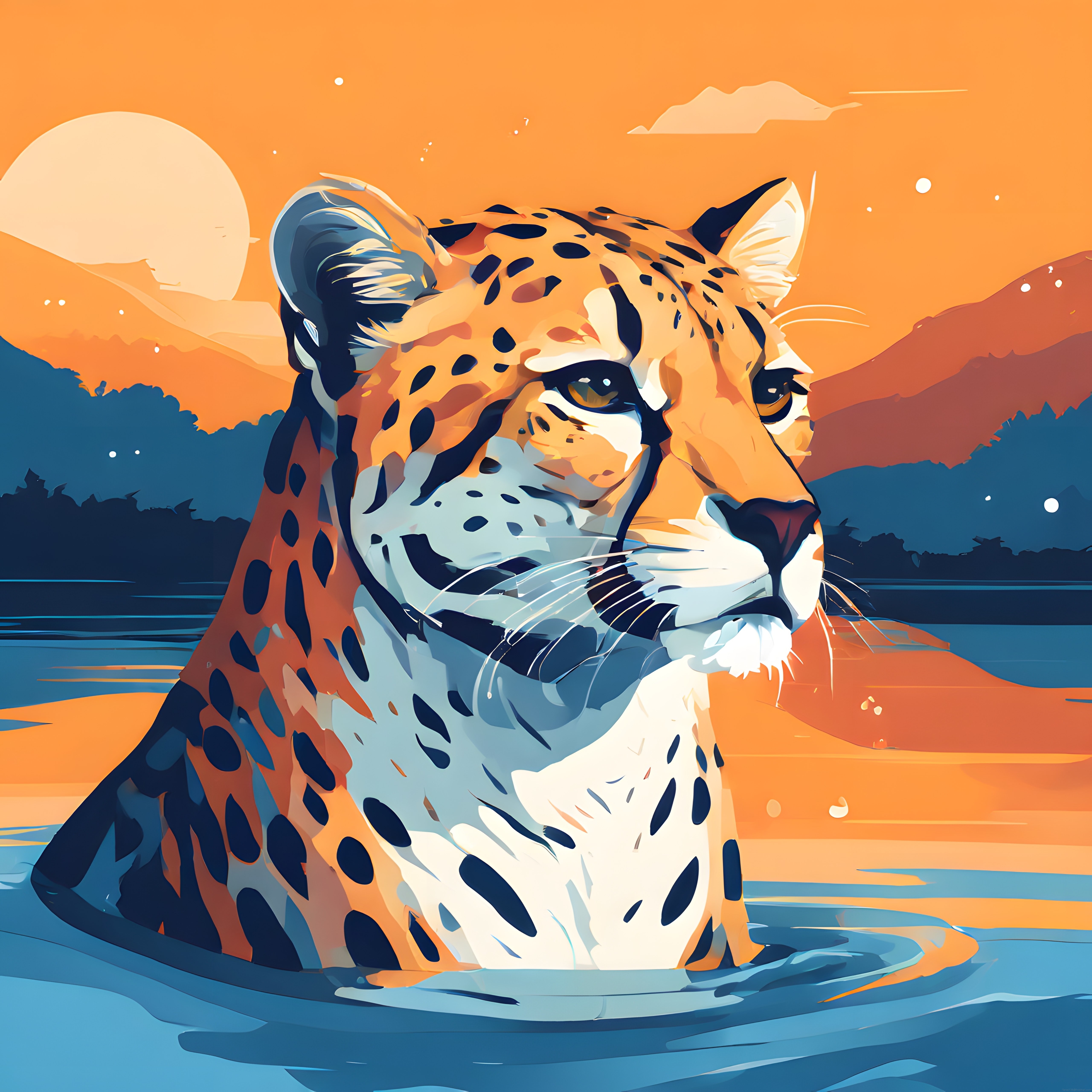 Turuncu Gökyüzü Altında Suda Yüzen Jaguar Dijital Sanat İllüstrasyonu