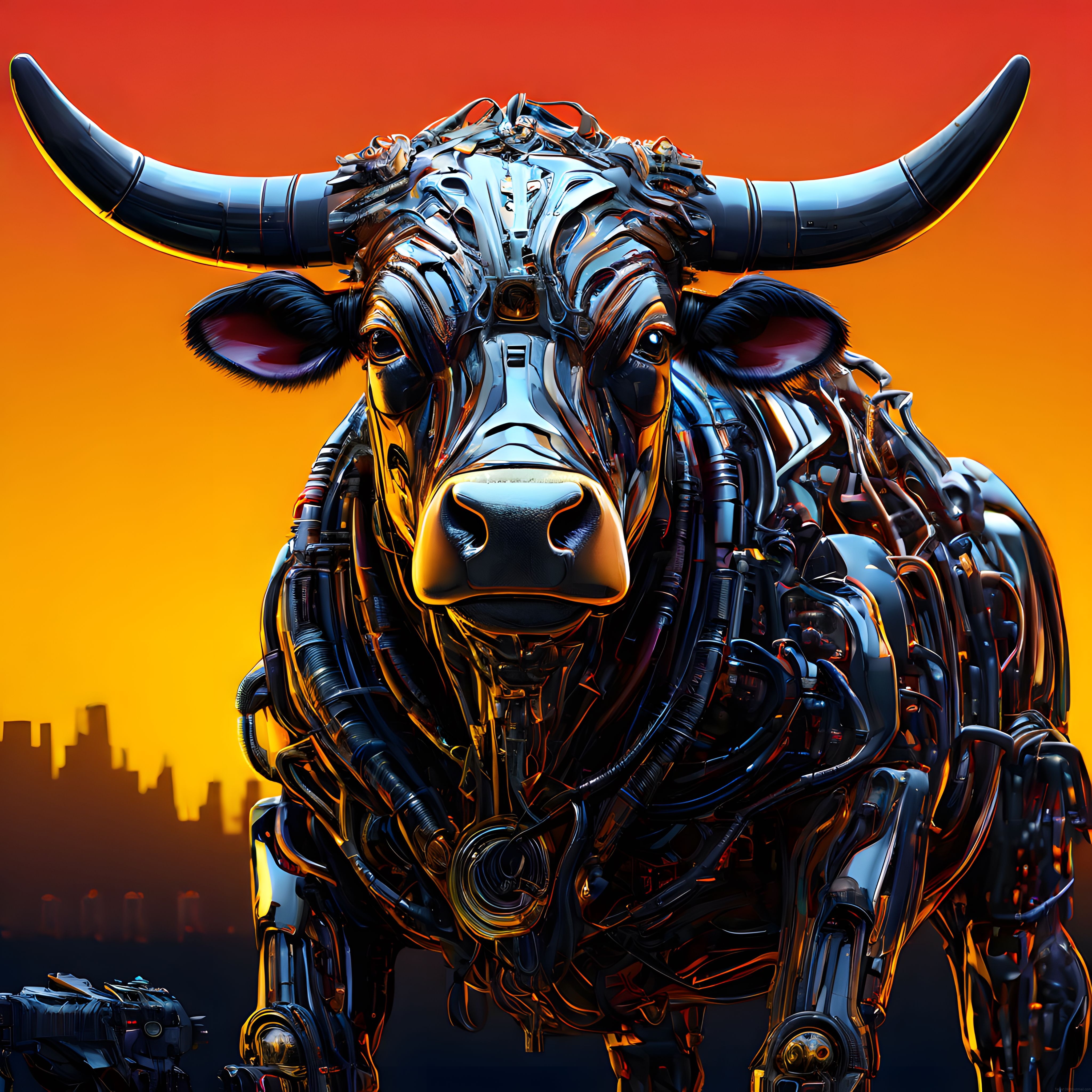 Turuncu Gökyüzünde Yükselen Dev Mekanik Boğa: Cyberpunk Dijital Sanat