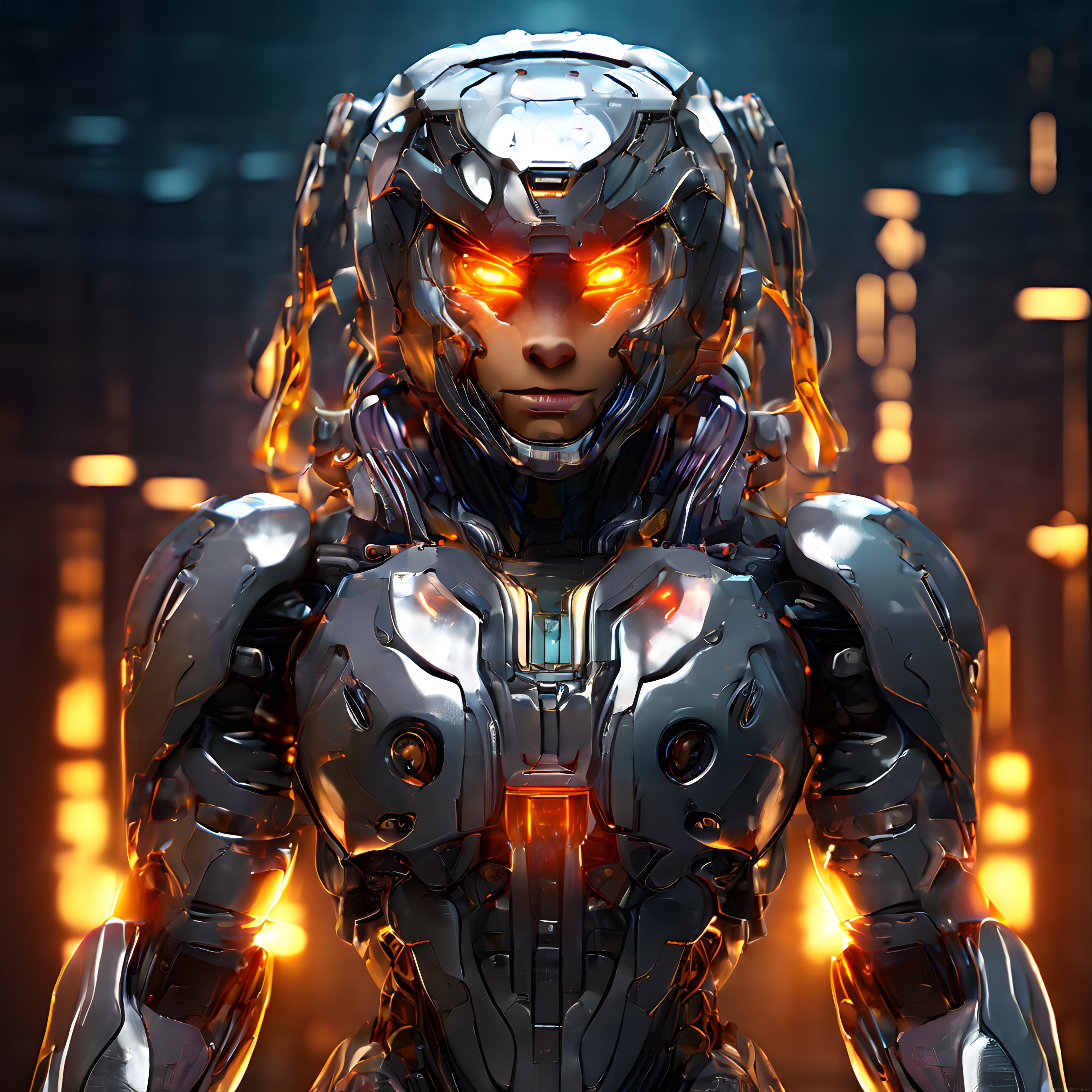 Turuncu Gözleri Aydınlatan Geleceğin Metal Cyborg Kadın Savaşçı Portresi