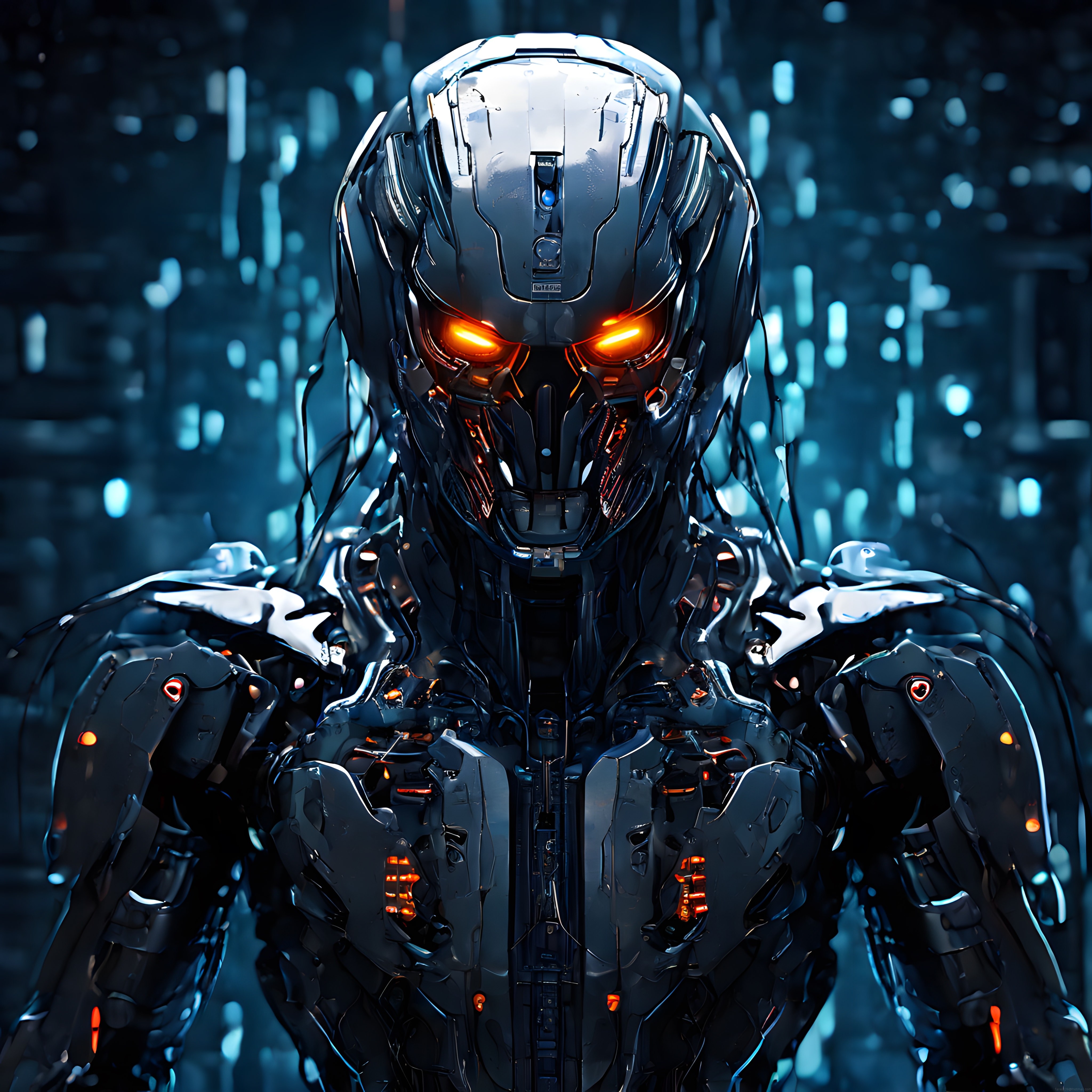 Turuncu Gözleri Parlayan Geleceğin Karamsar Cyberpunk Robot Portresi