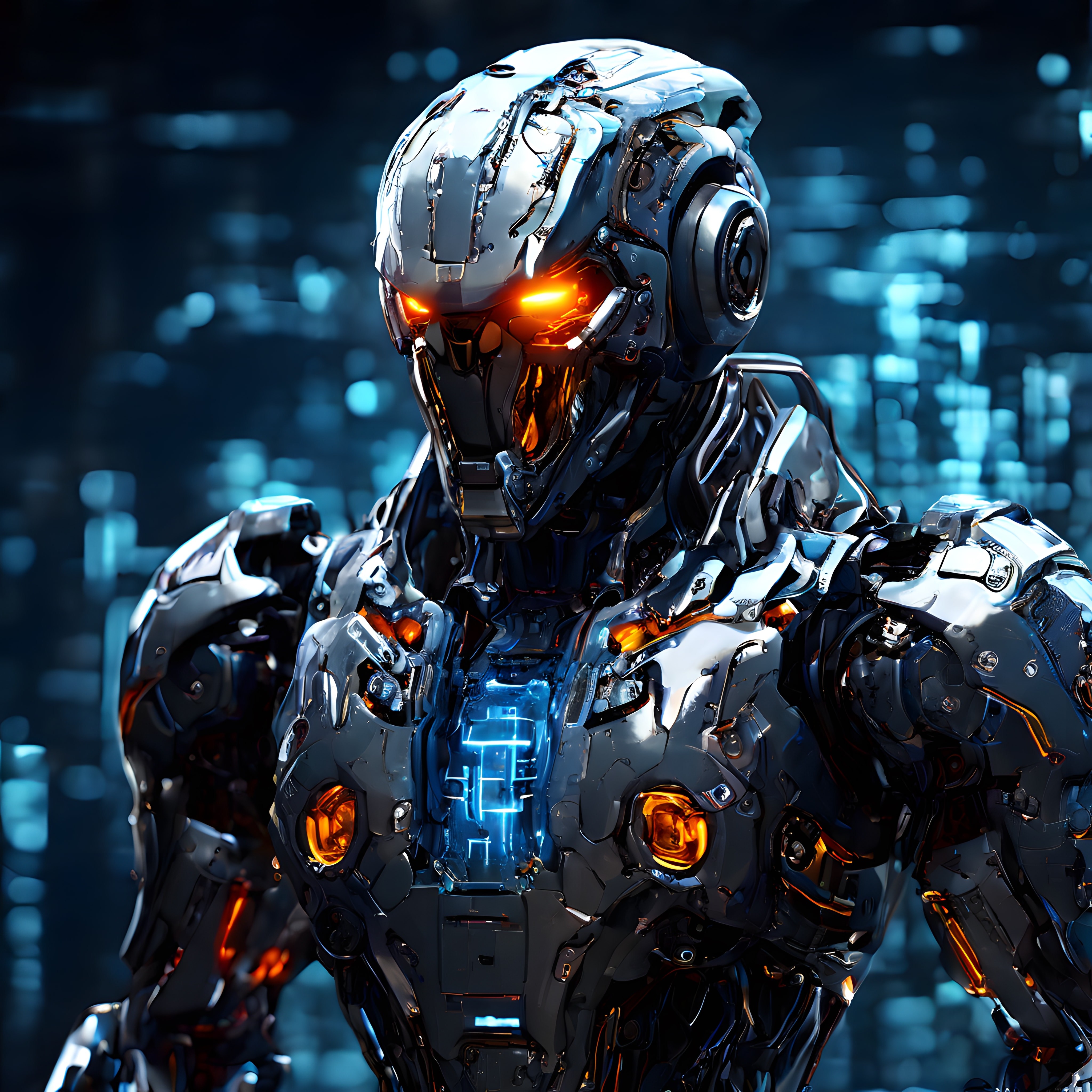 Turuncu Gözleri Parlayan Geleceğin Metal Zırhlı Robot Savaşçısı