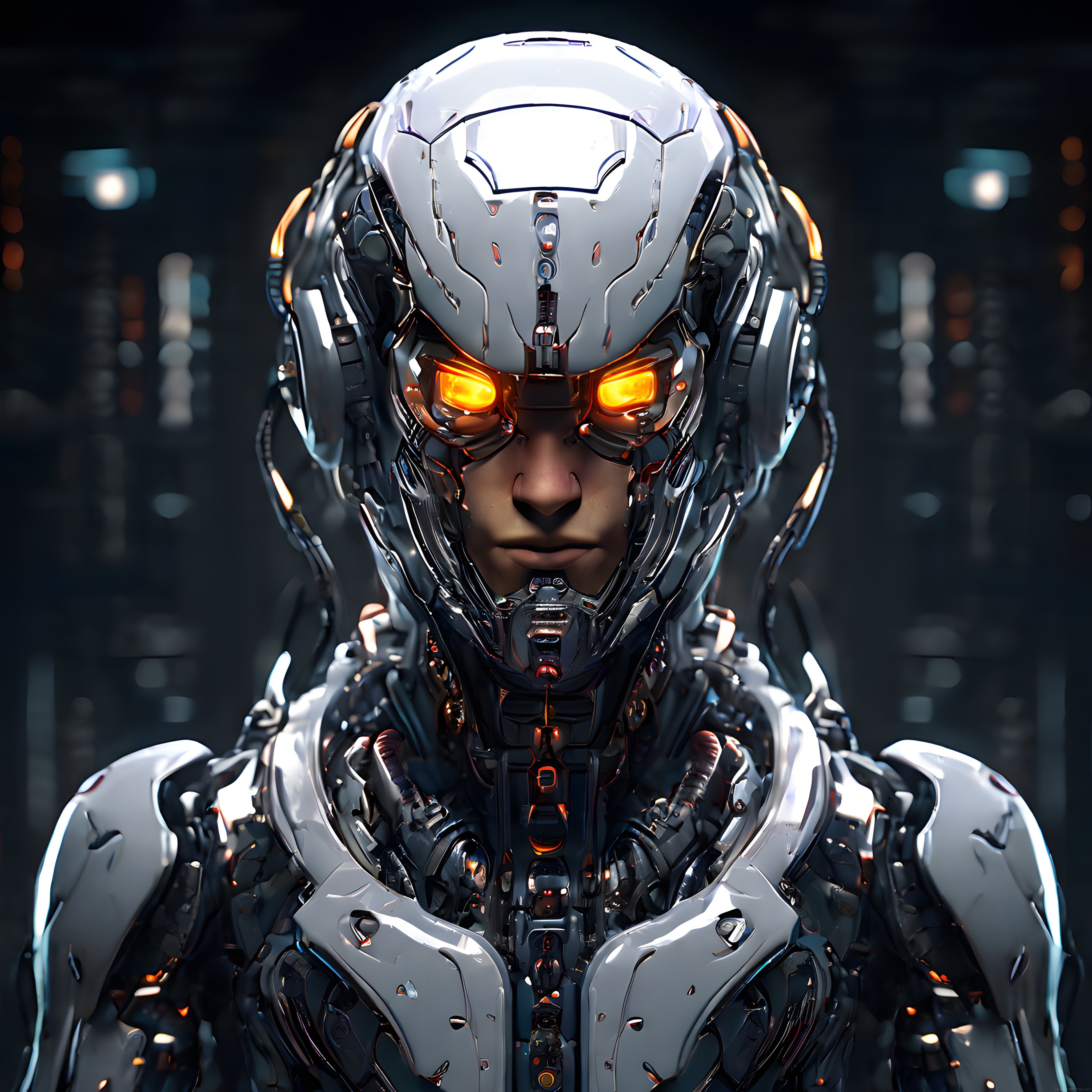 Turuncu Gözleriyle Gelecekten Parlak Metal Cyborg ve İnsansı Robot Portresi