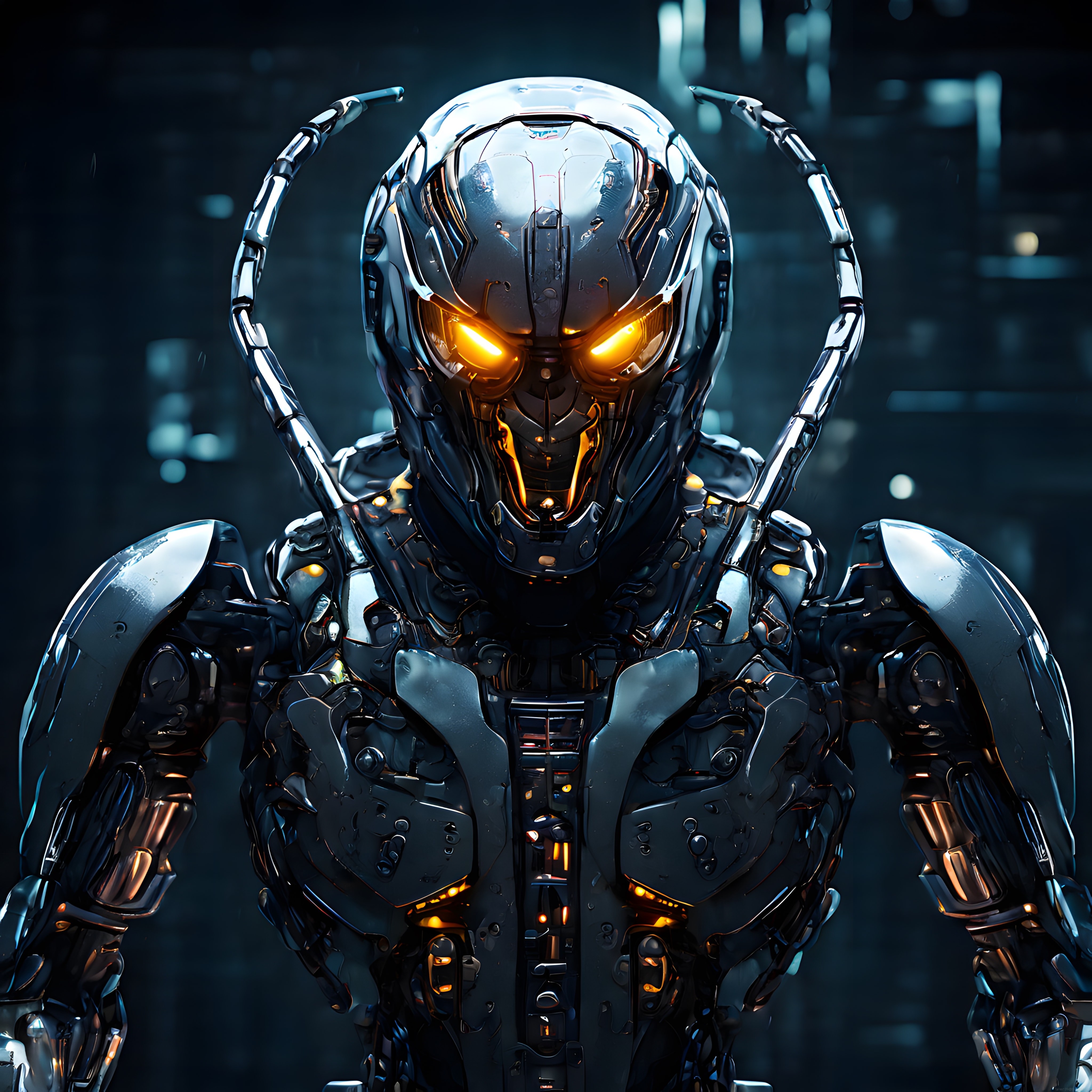 Turuncu Gözleriyle Karanlıkta Duran Geleceğin Metalik Robot Savaşçısı