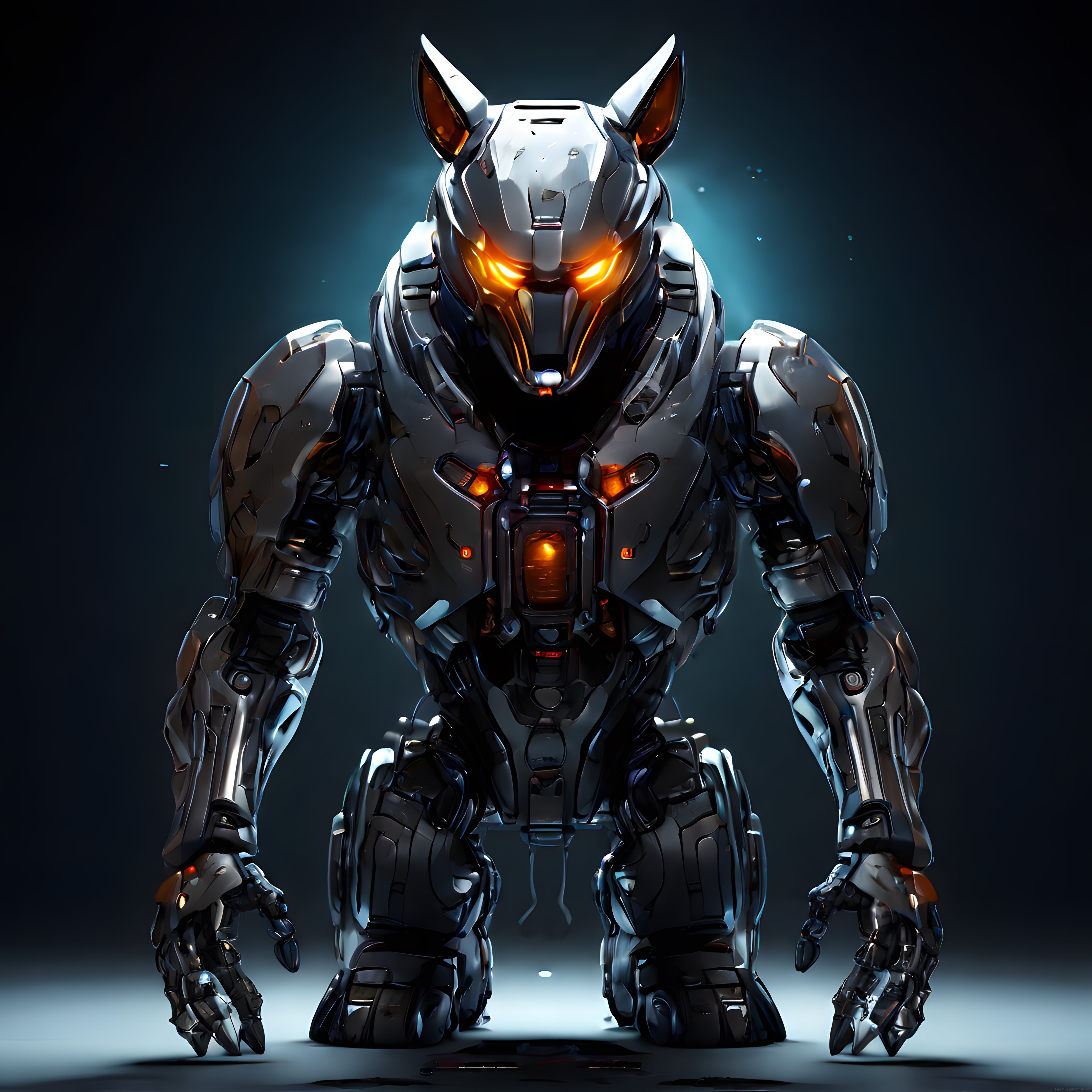 Turuncu Gözleriyle Karanlıkta Duran Gümüş Kurt Robot ve Mecha Zırh Tasarımı