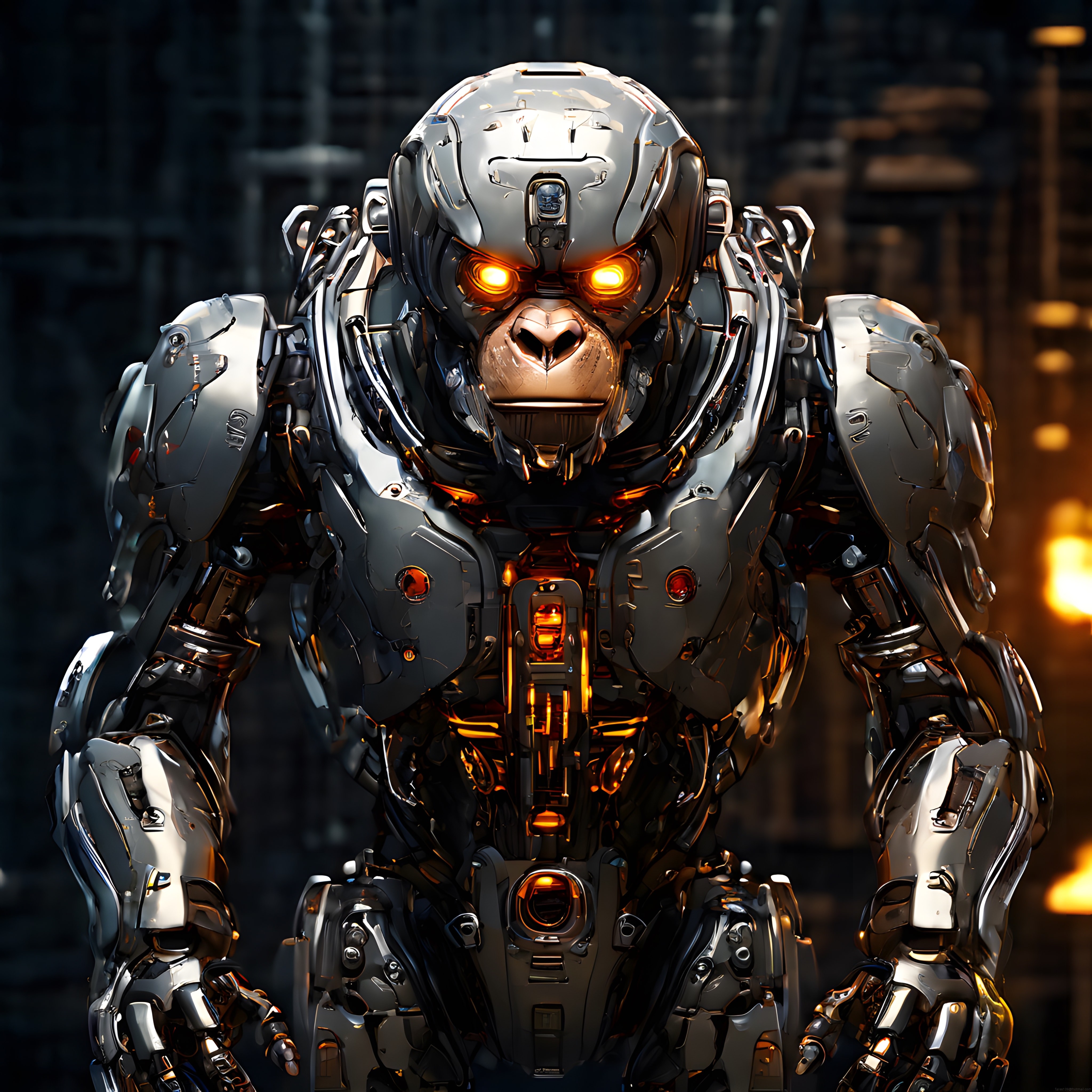 Turuncu Gözleriyle Korkutan Çelikten Robot Goril: Cyberpunk Zırh Tasarımı