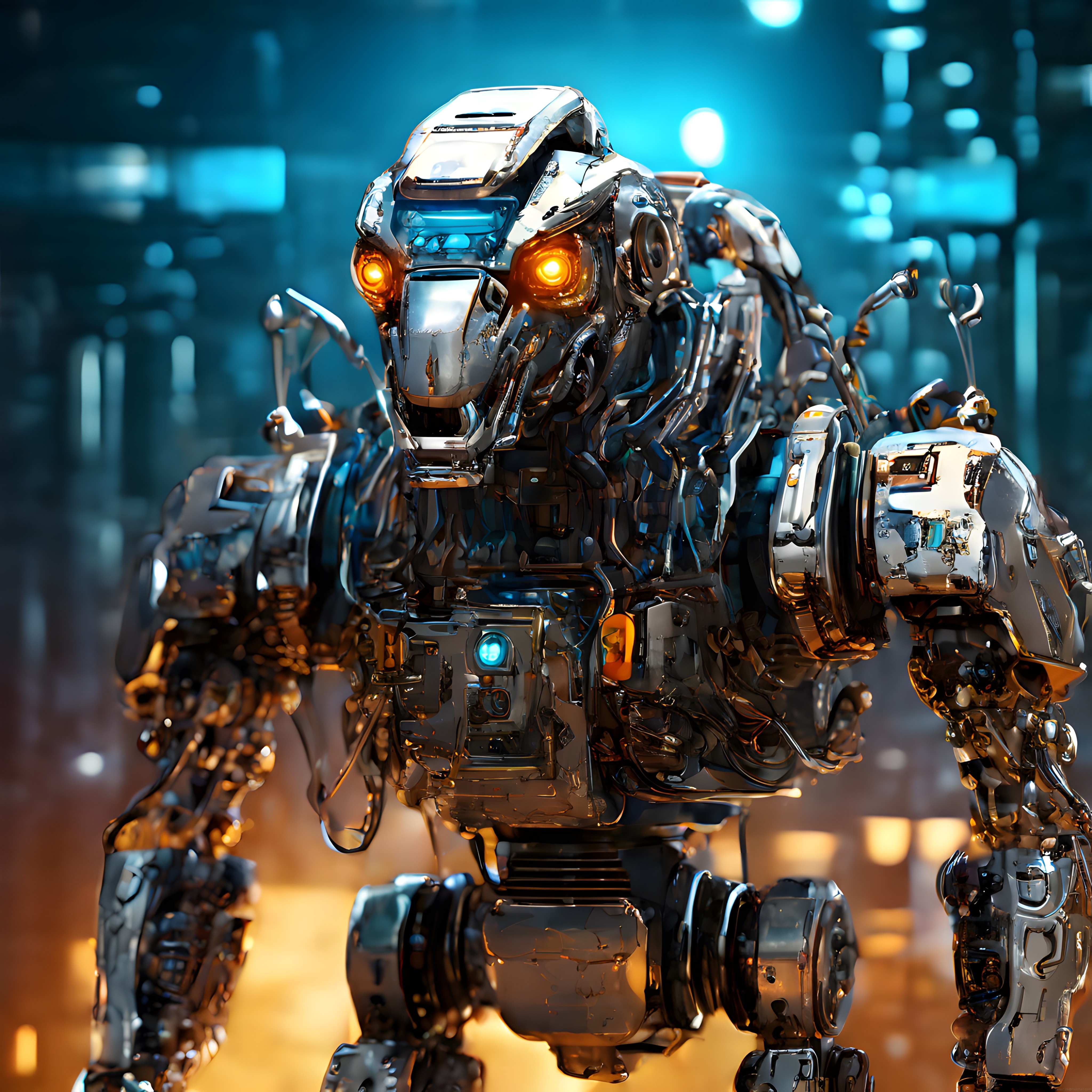 Turuncu Gözleriyle Parıldayan Geleceğin Metalik İnsansı Robotu