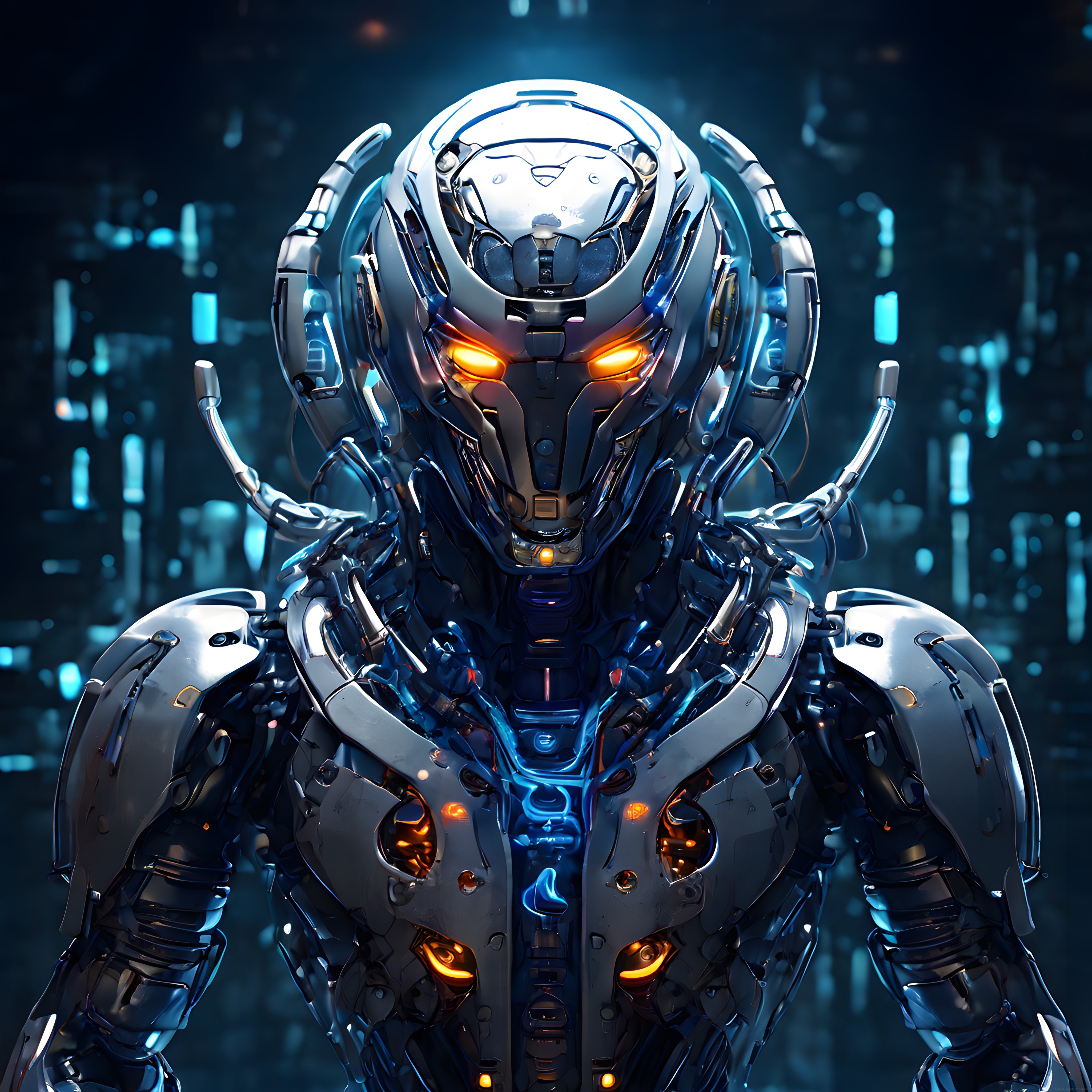 Turuncu Gözleriyle Parlayan Geleceğin İnsansı Robotu ve Detaylı Metal Zırhı