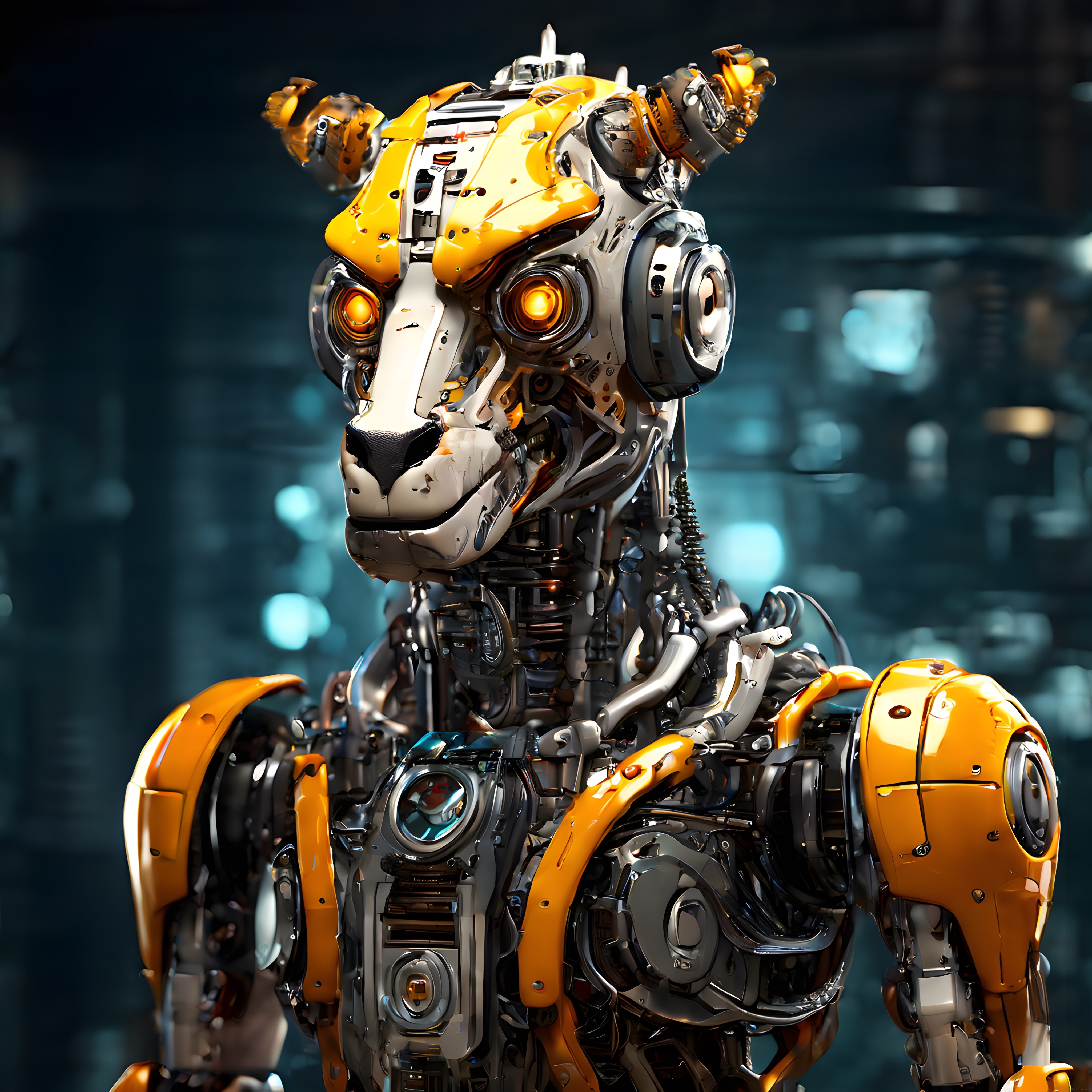 Turuncu Gözleriyle Parlayan İleri Teknoloji Mekanik Ayı Robotu Portresi