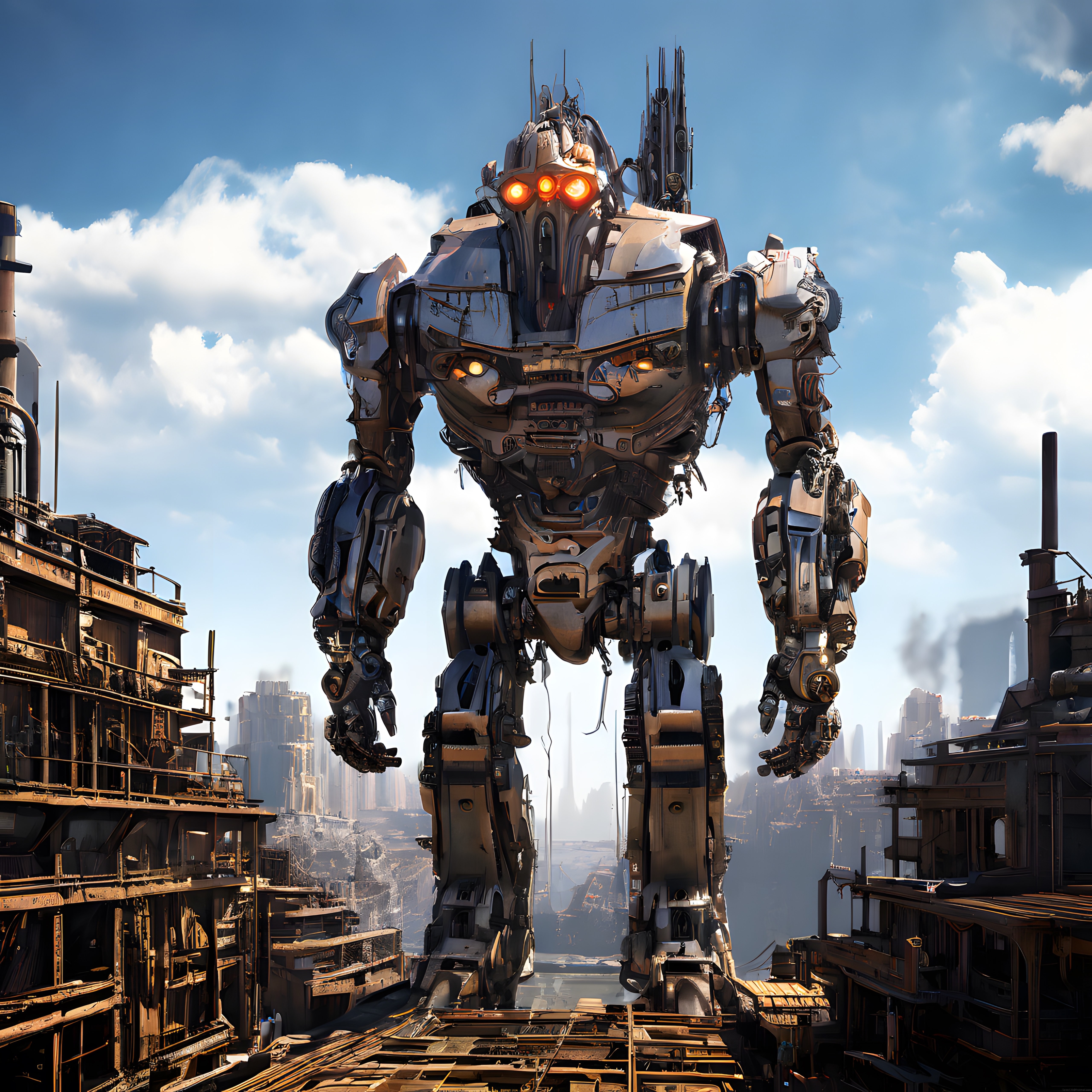 Turuncu Gözleriyle Parlayan Metal Dev Robot Endüstriyel Şehirde Yükseliyor