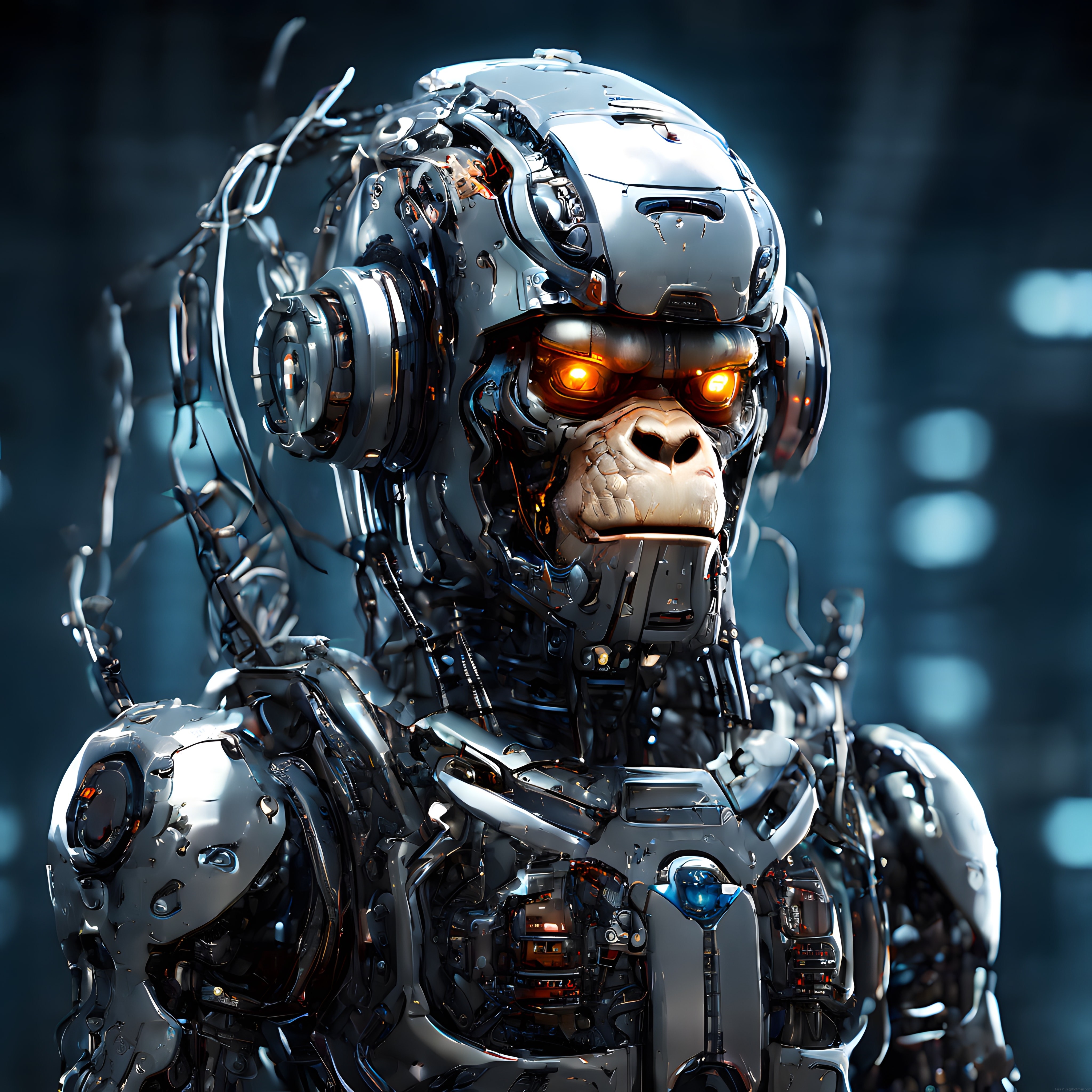 Turuncu Gözlü Gümüş Renkli Mekanik Maymun Robot ve Kablolu Cyborg Zırhı