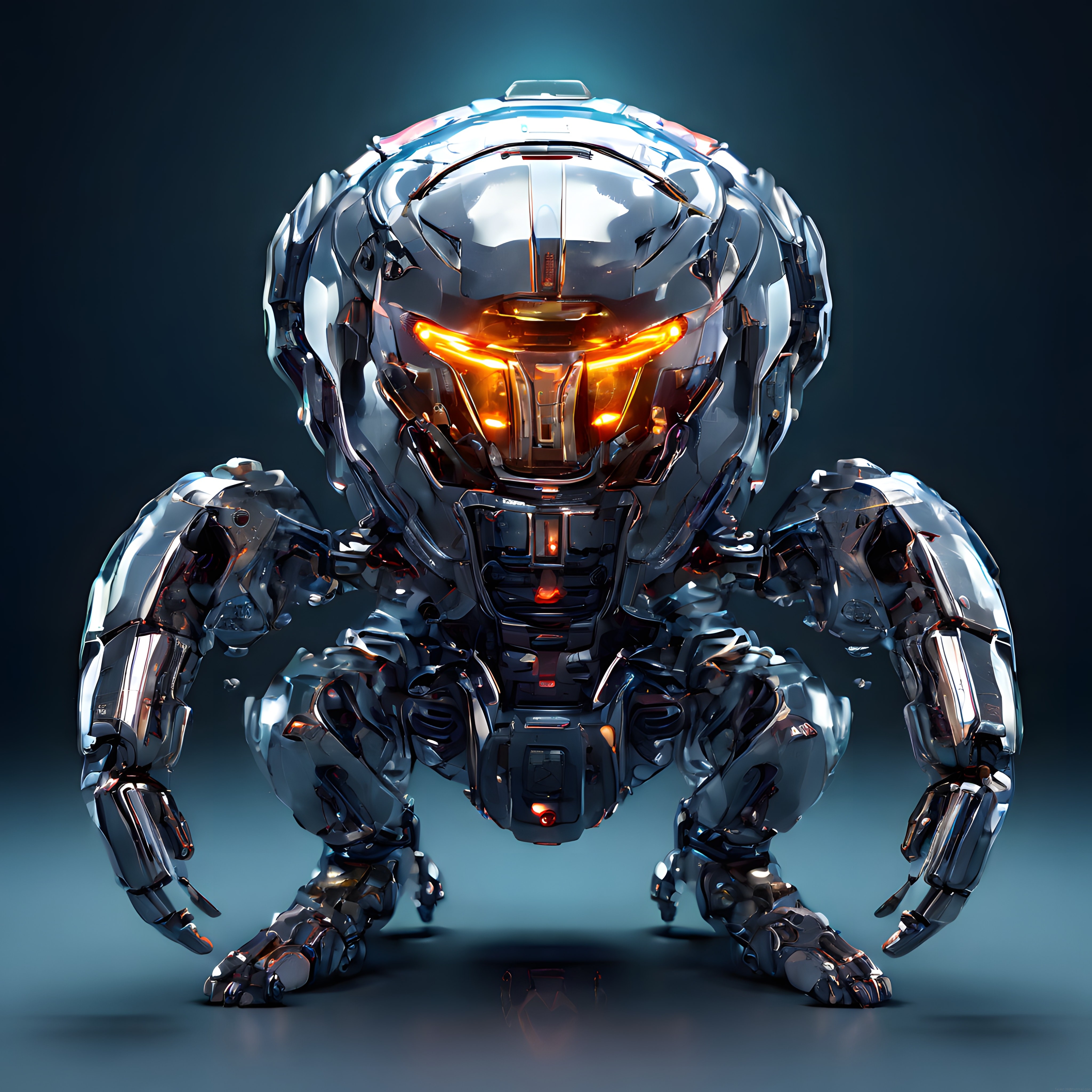 Turuncu ışıklı gözlere ve parlak metal zırha sahip agresif duruşlu bir mecha robot portresi