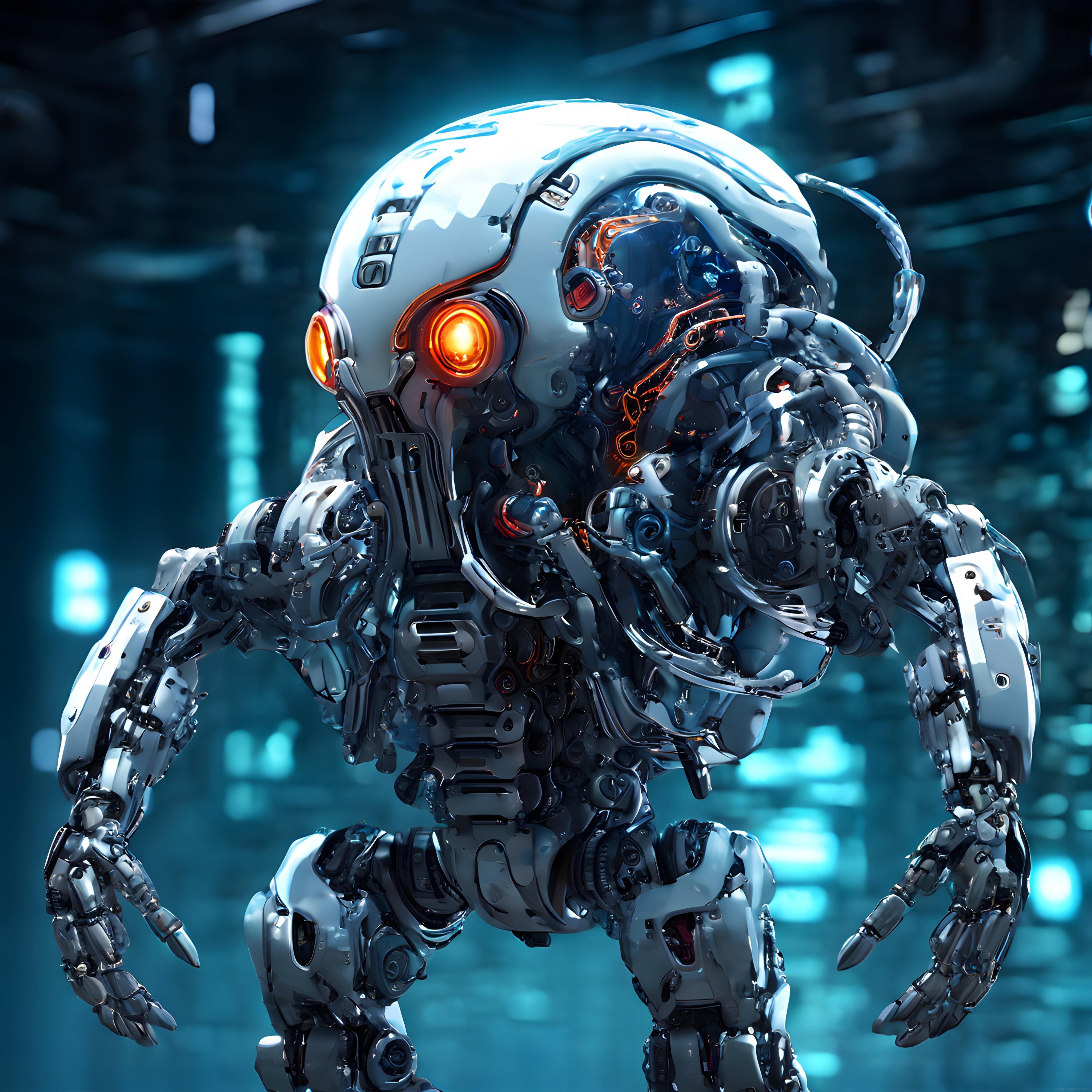 Turuncu Işıklı Gözleriyle Dikkat Çeken Gelecekçi İnsanoid Robot Tasarımı
