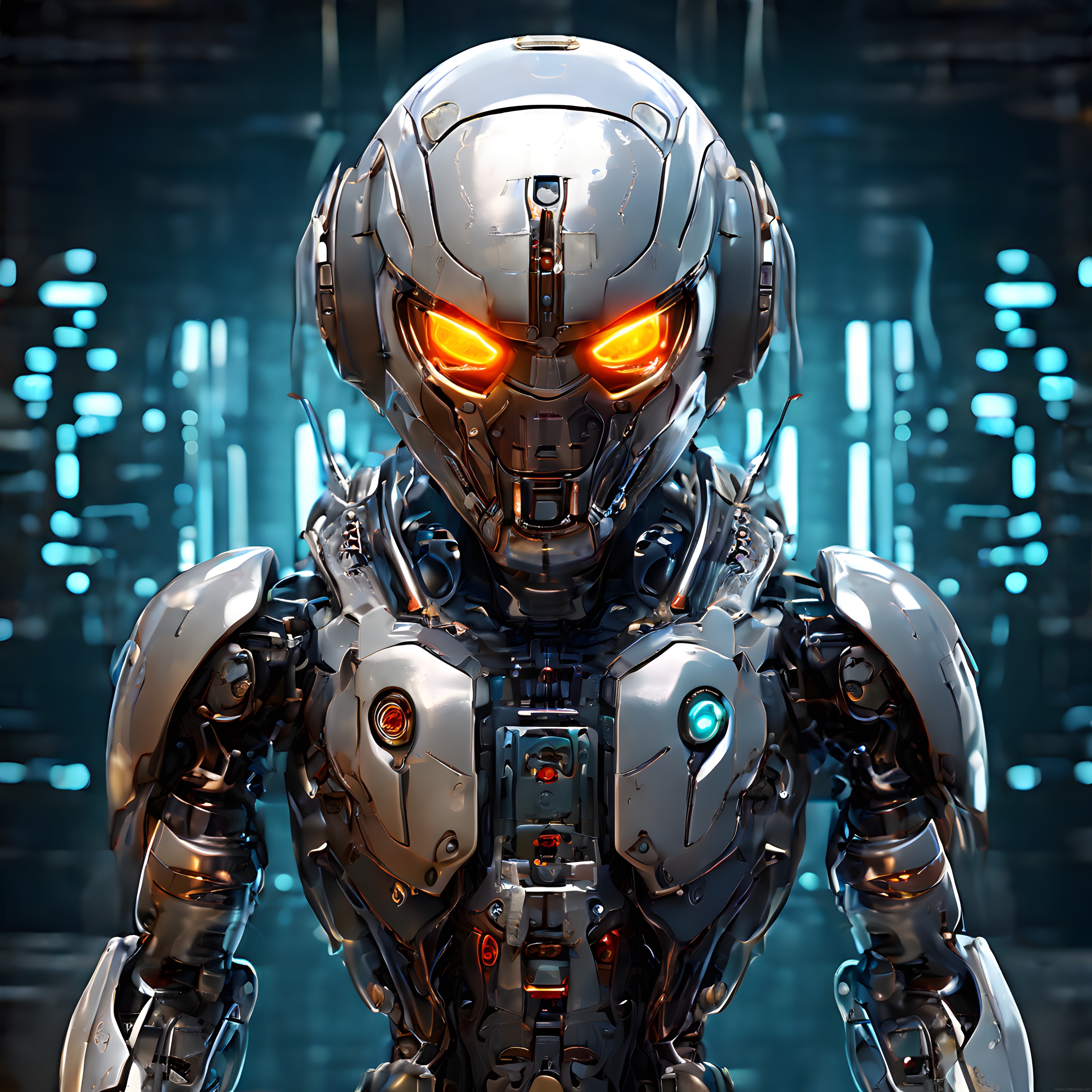 Turuncu ışıklı gözleriyle metal zırhlı geleceğin insansı robot portresi