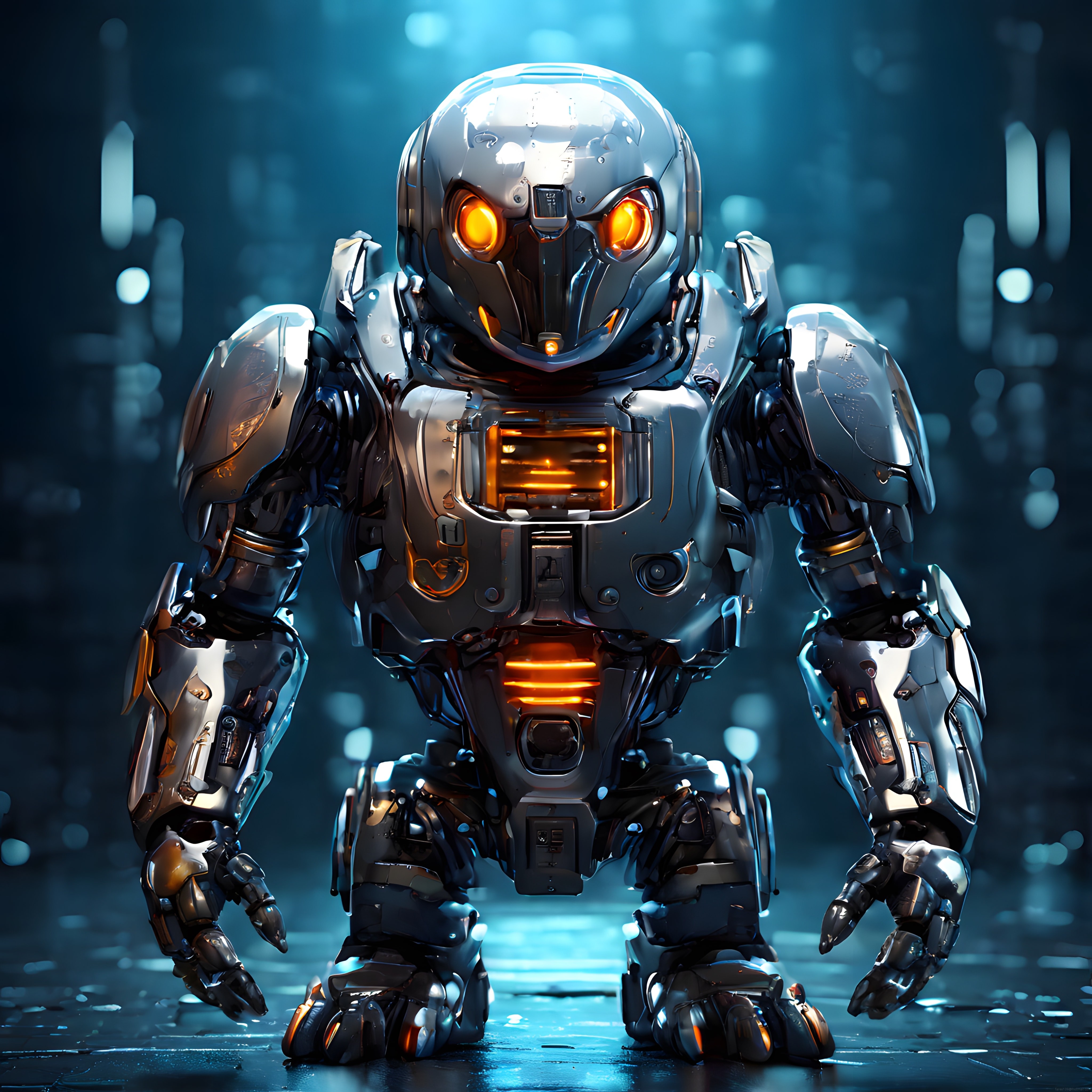 Turuncu Işıklı Gümüş Zırhlı İnsansı Robot ve Buğulu Cyberpunk Atmosfer
