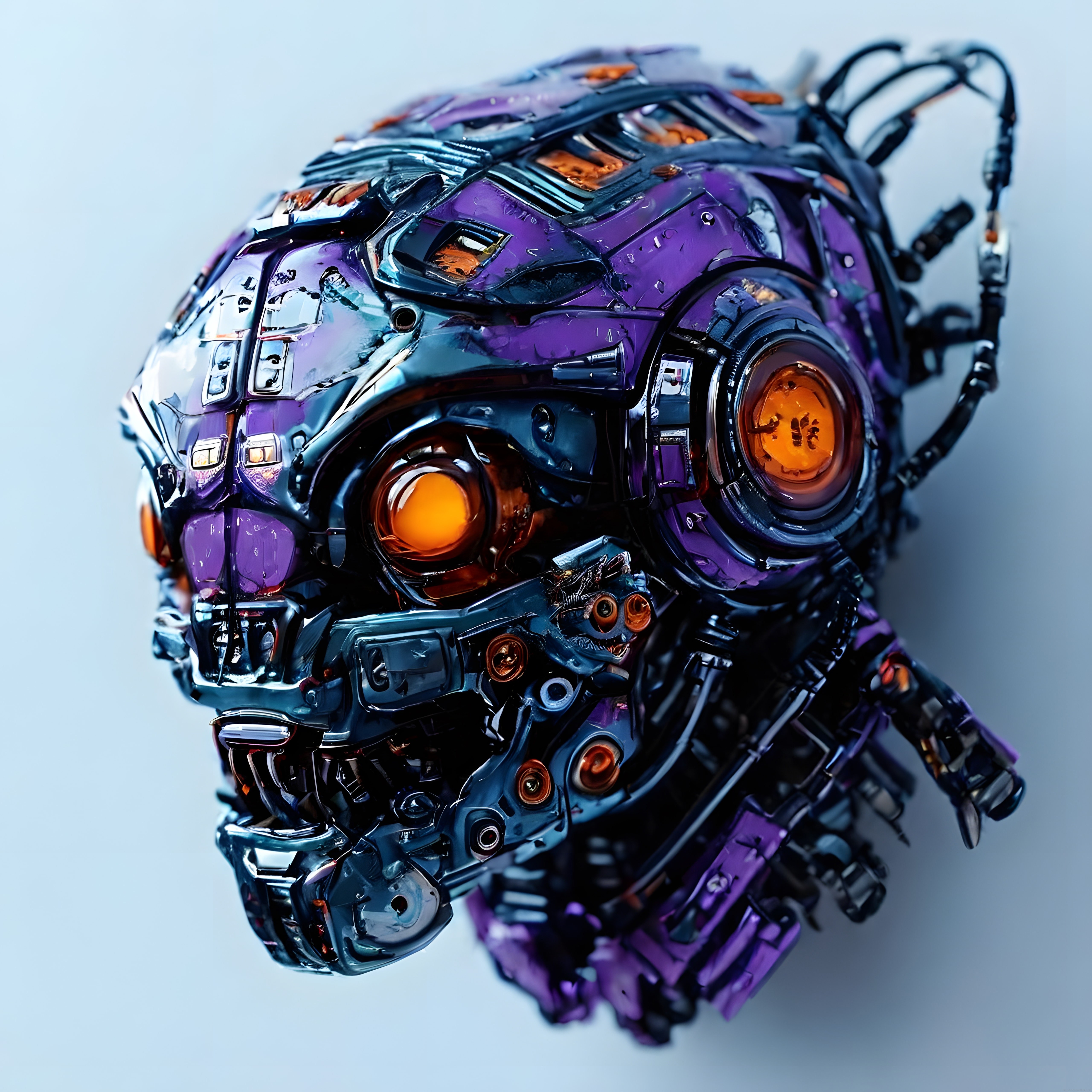 Turuncu Işıklı Mor Robot Kafatası: Cyberpunk Dijital Sanat Çalışması