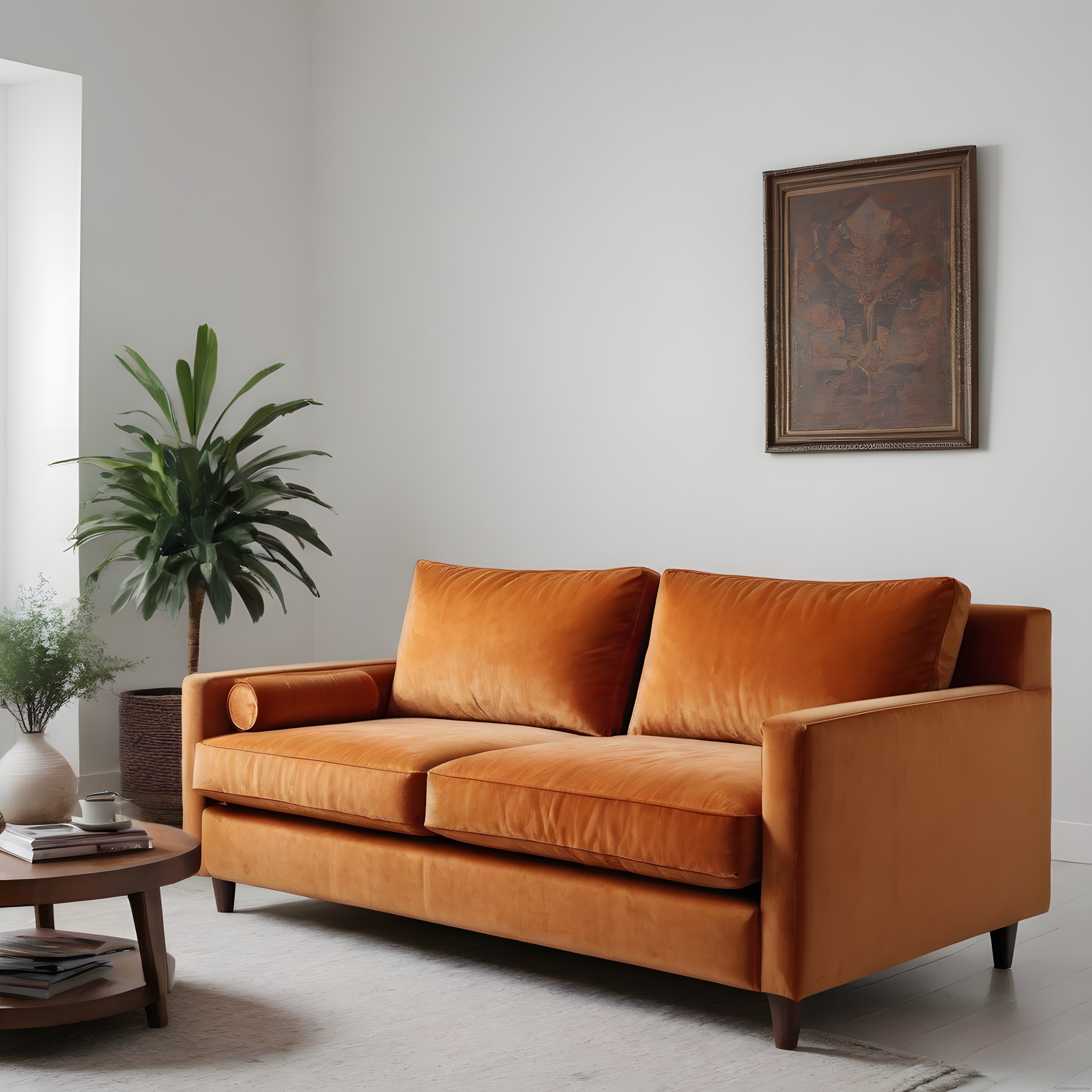 Turuncu Kadife Kanepe ve Minimalist Salon Dekoru ile Sıcak ve Modern İç Mekan