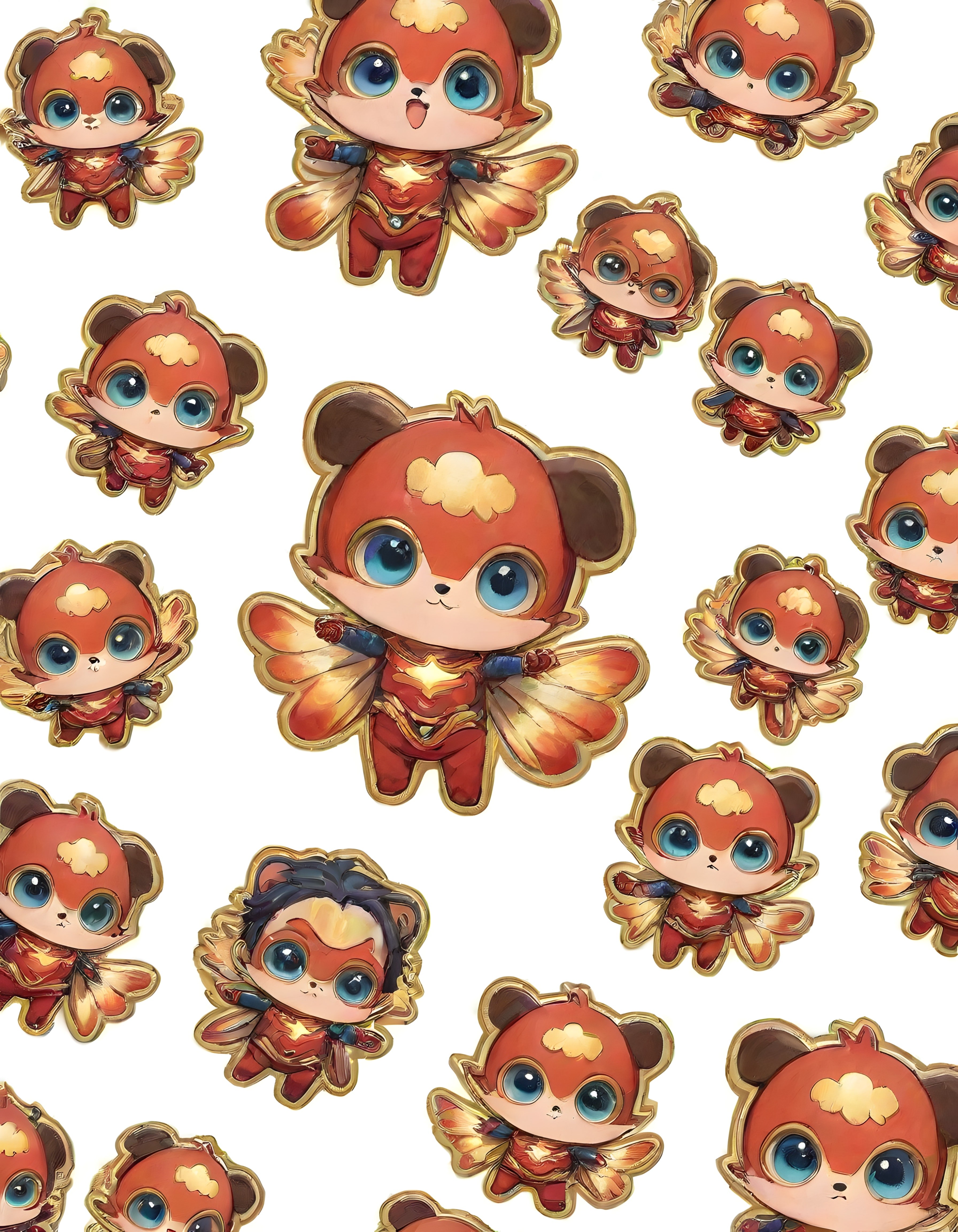 Turuncu Kanatlı Chibi Kahraman Figürlerinden Oluşan Animasyon Sticker Seti