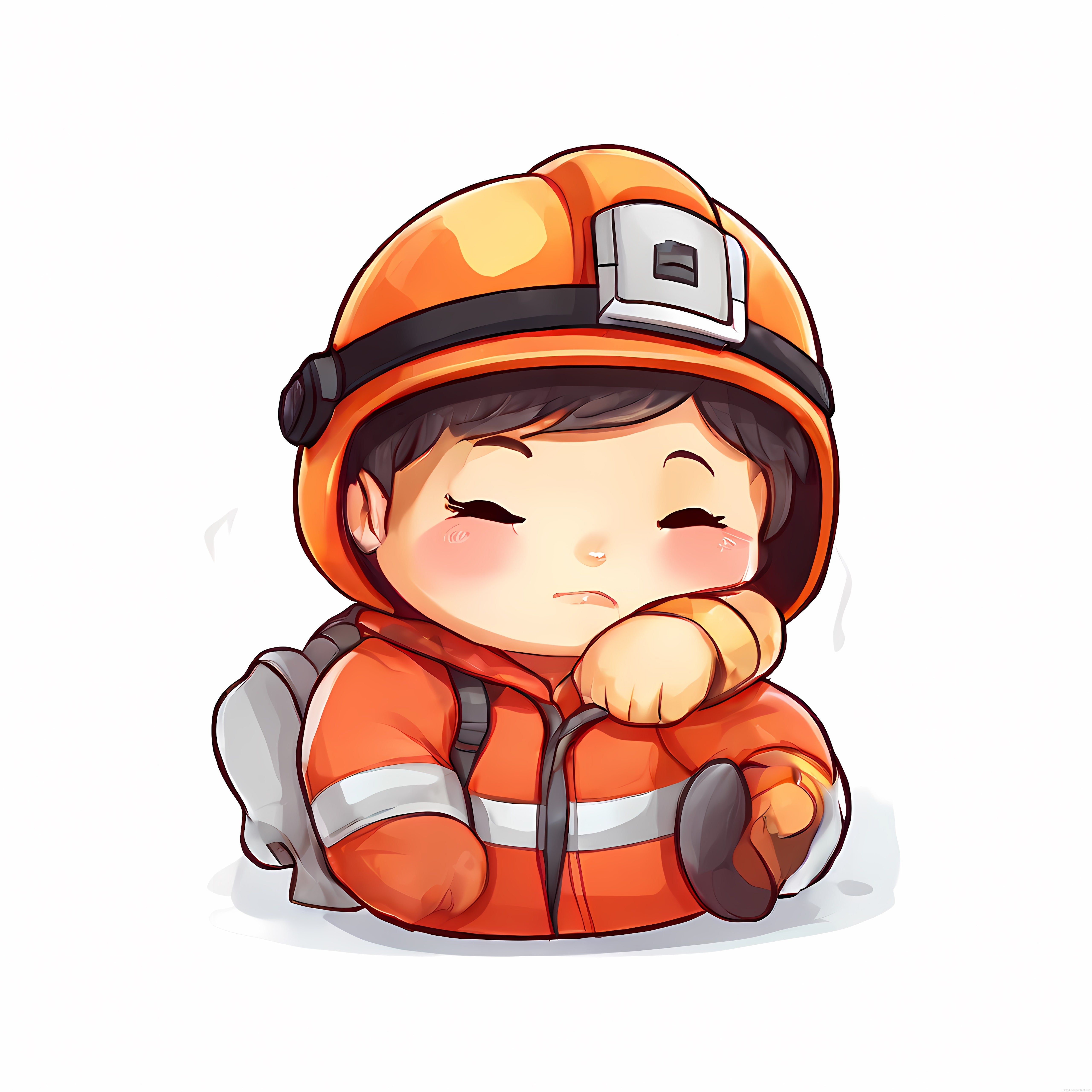Turuncu Kasklı Yorgun İtfaiyeci: Sevimli Anime Chibi Karakter Tasarımı