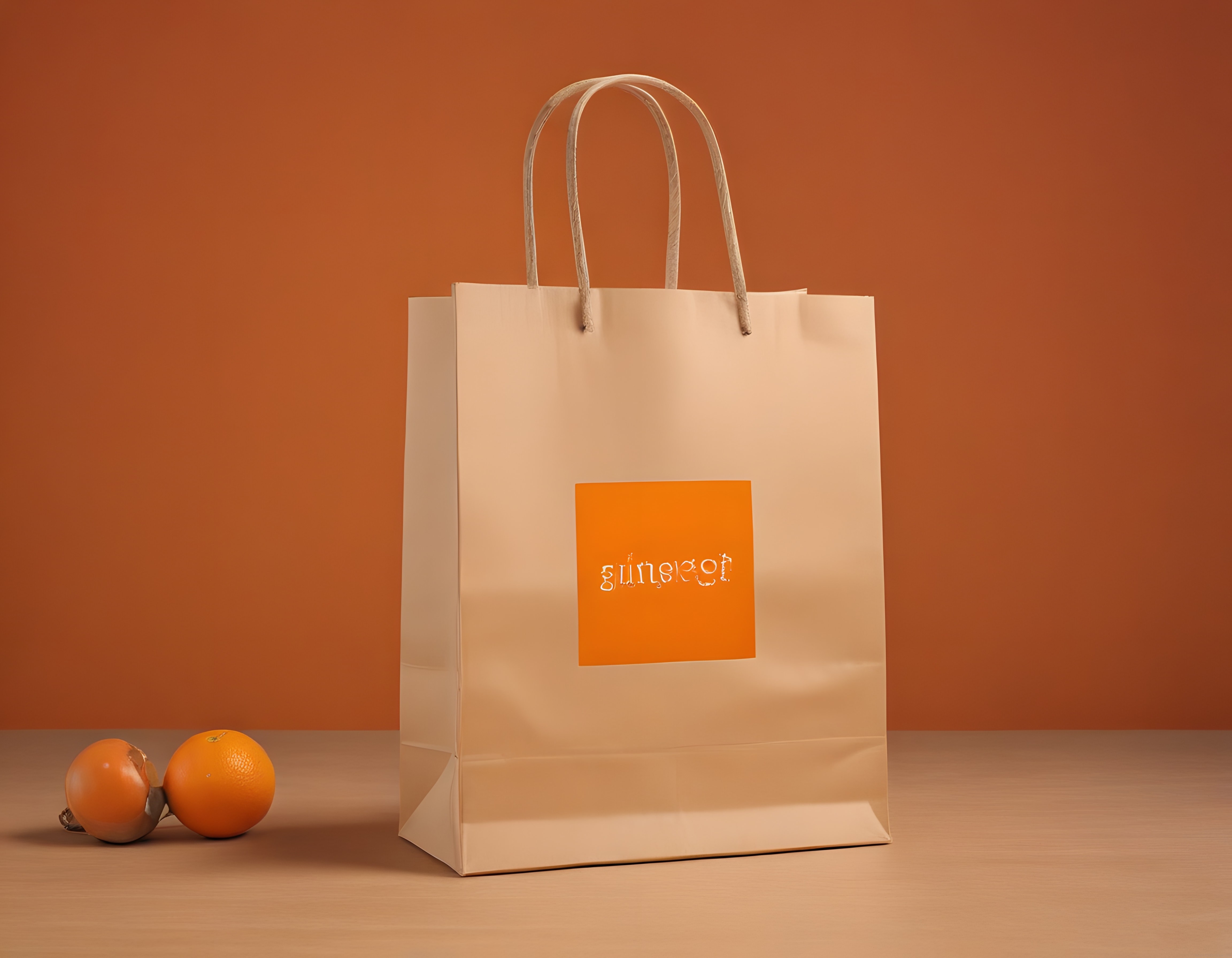 Turuncu konseptli Ginger marka kraft çanta ve portakallı stüdyo ürün fotoğrafı