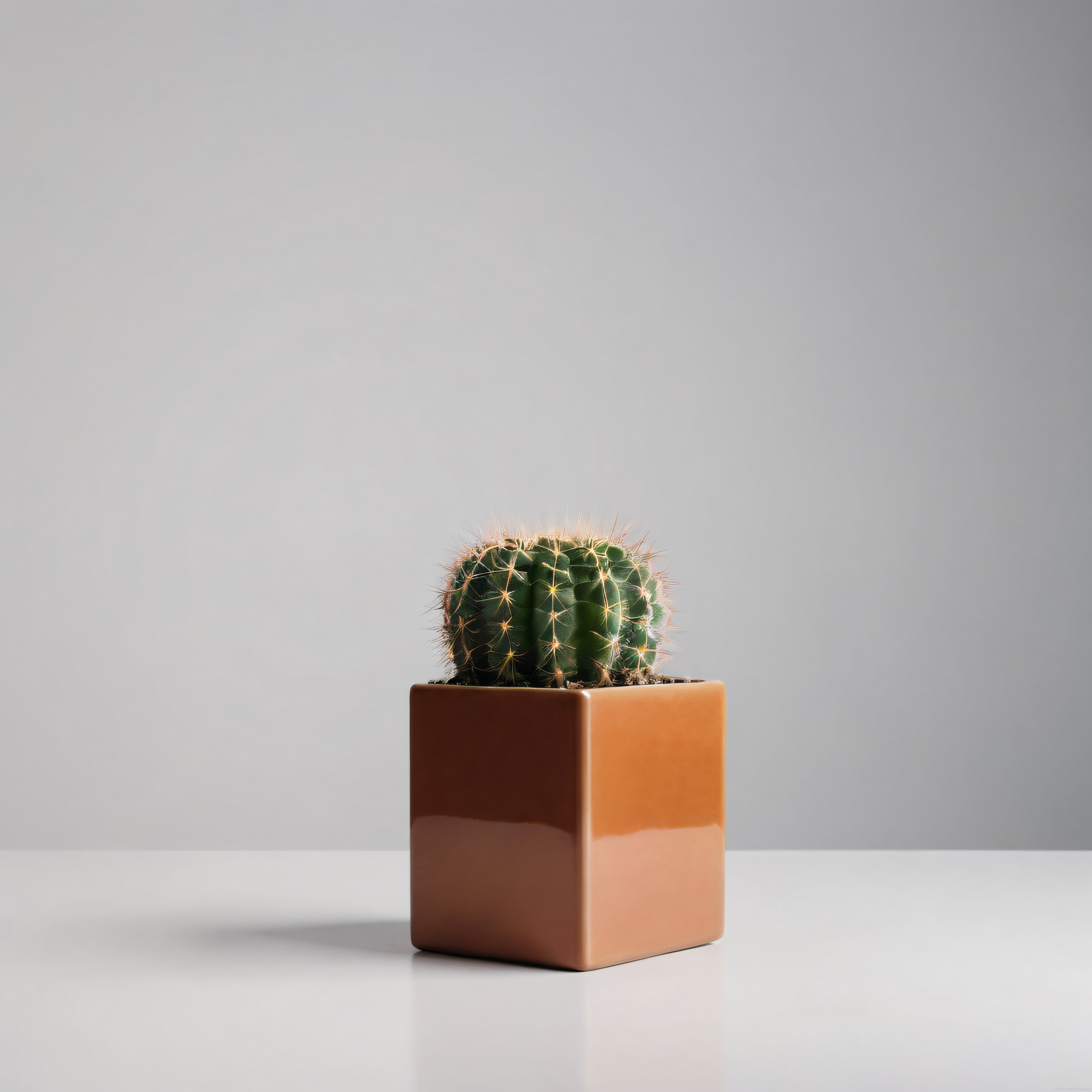 Turuncu Kübik Saksıda Yuvarlak Yeşil Kaktüs: Modern ve Minimalist Dekorasyon