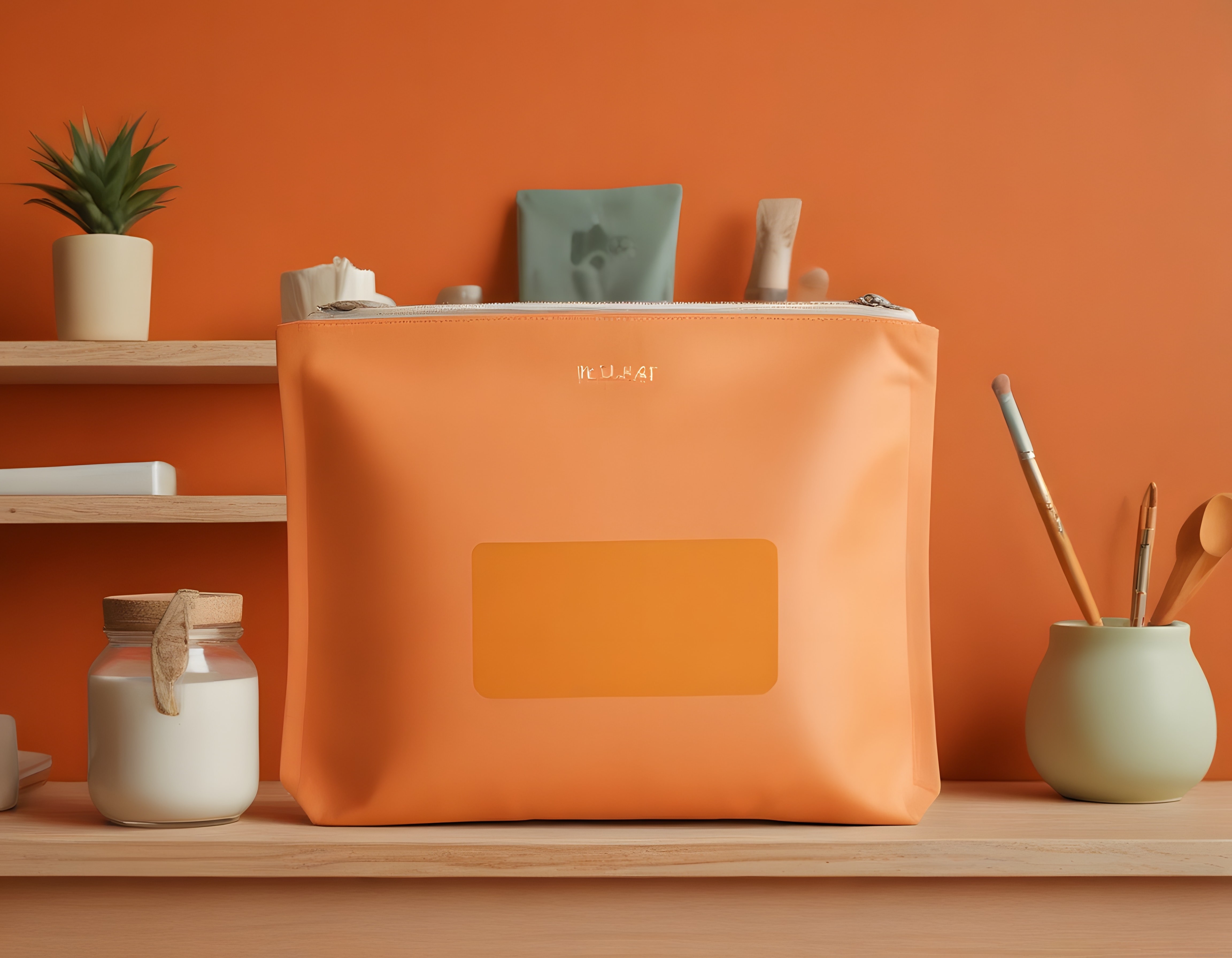 Turuncu makyaj çantası ve doğal kozmetik ürünleriyle estetik banyo rafı düzeni