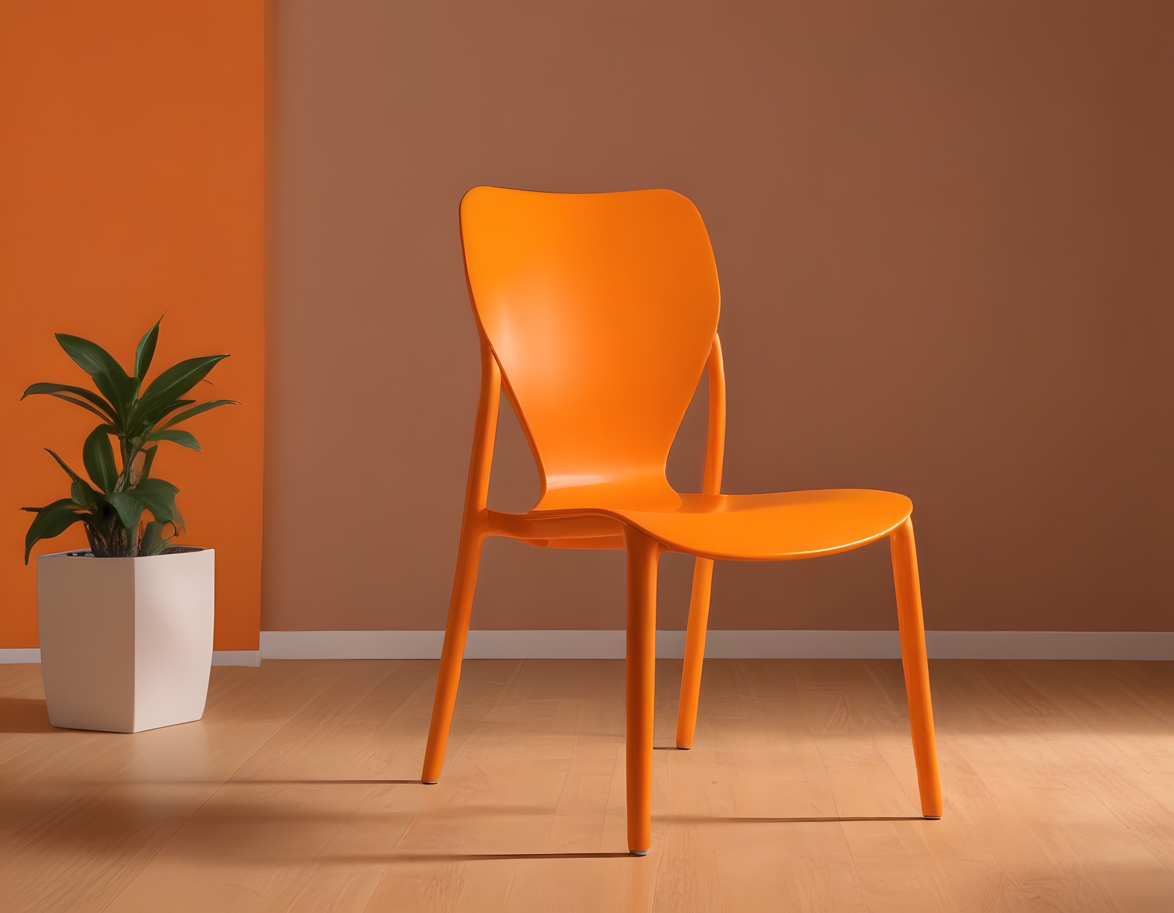 Turuncu Modern Sandalye ve Bitki ile Minimalist İç Mekan Dekorasyonu