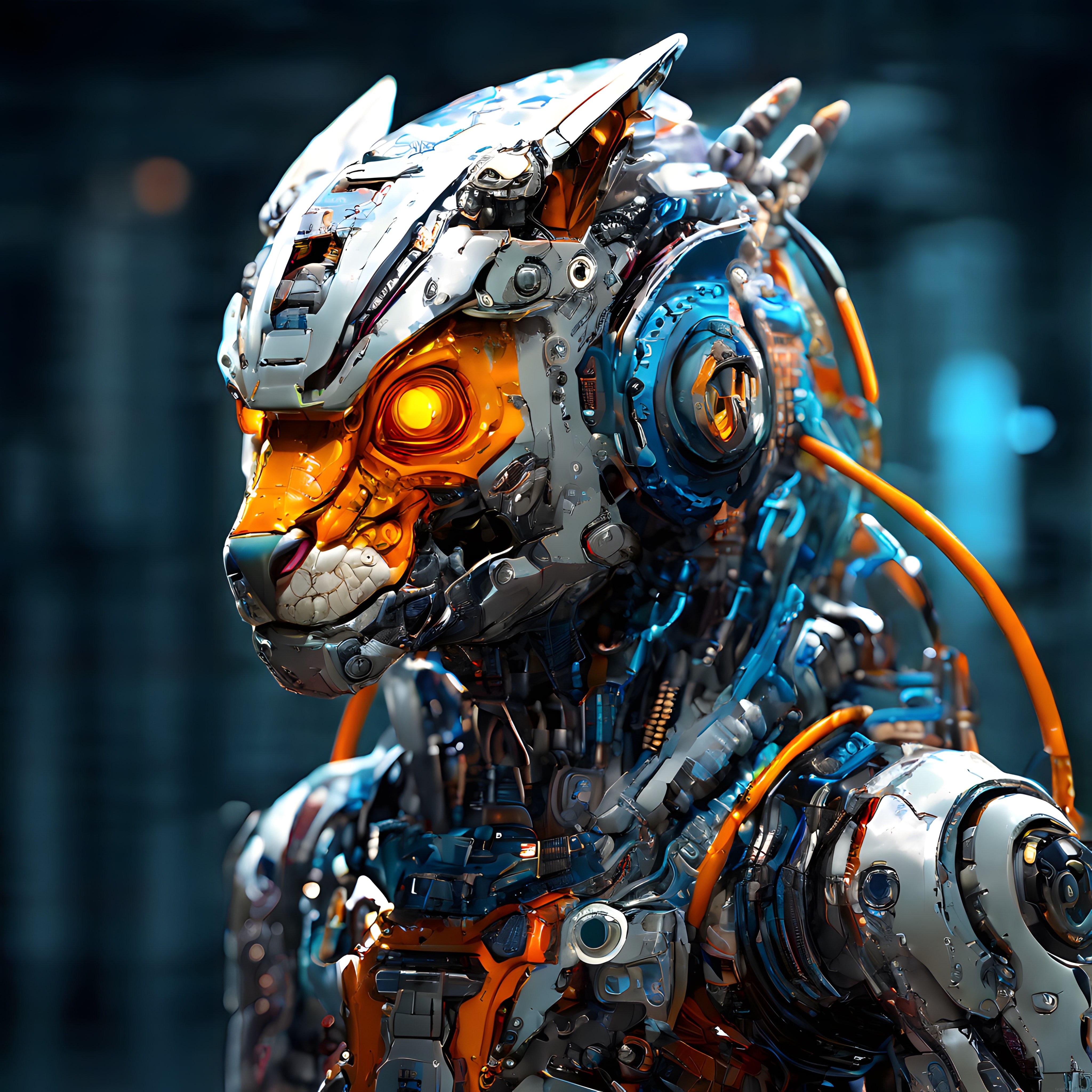 Turuncu Neon Gözlü Gümüş Mavi Cyberpunk Mekanik Kurt Robotu