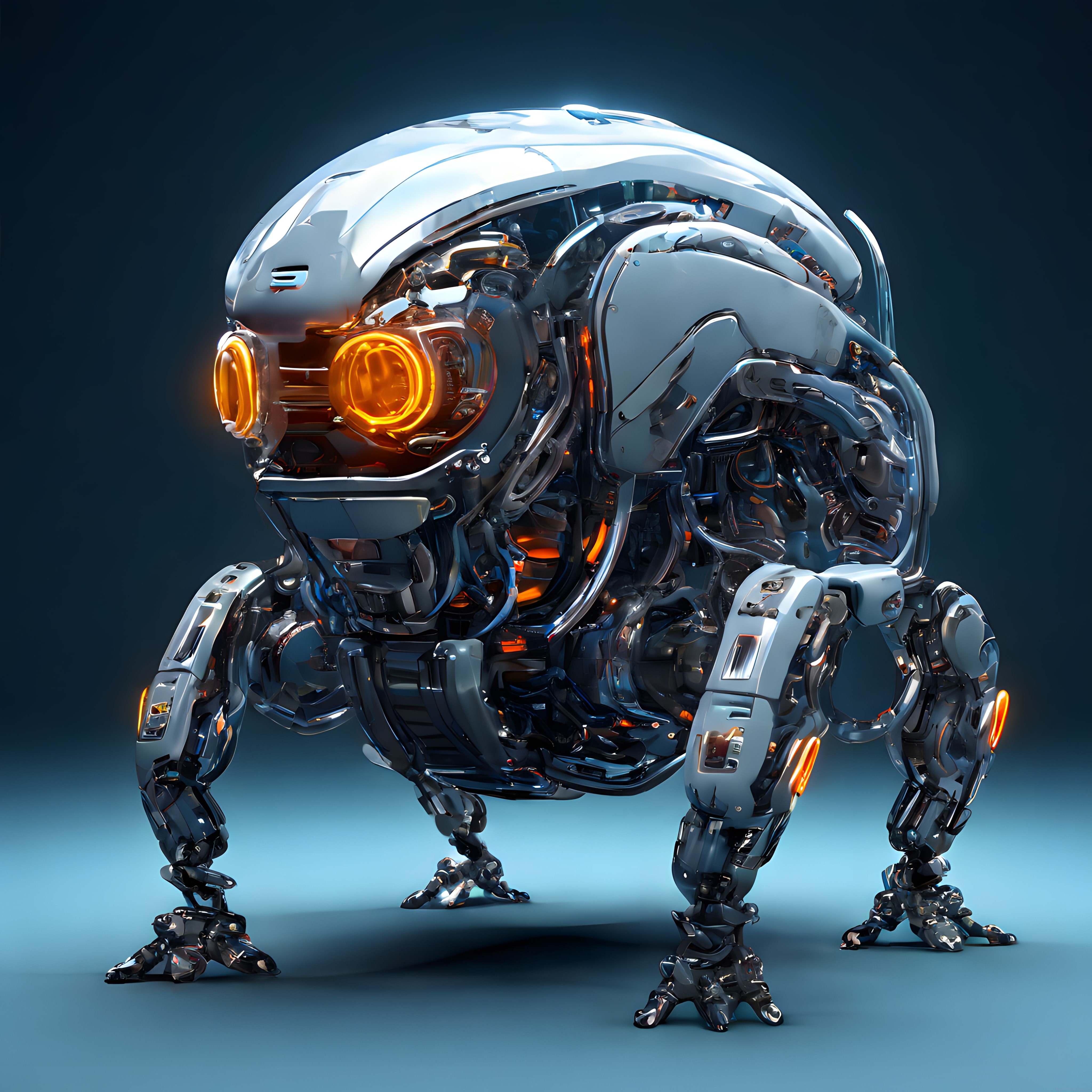 Turuncu optik sensörlü çok ayaklı gümüş robot geleceğin mekanik araknid ünitesi