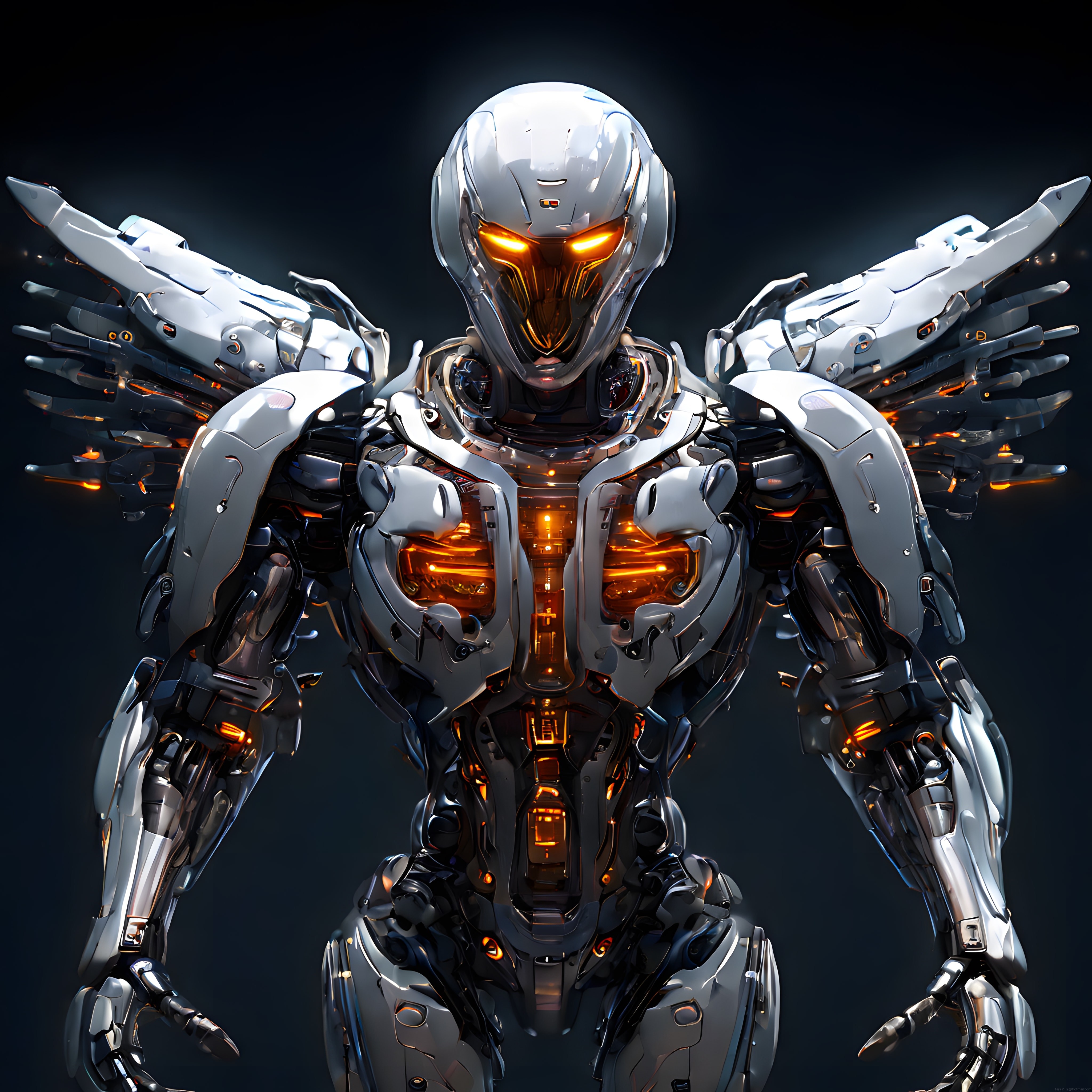 Turuncu Parıltılı Gözleriyle Kanatlı Beyaz Zırhlı Geleceğin Robot Savaşçısı