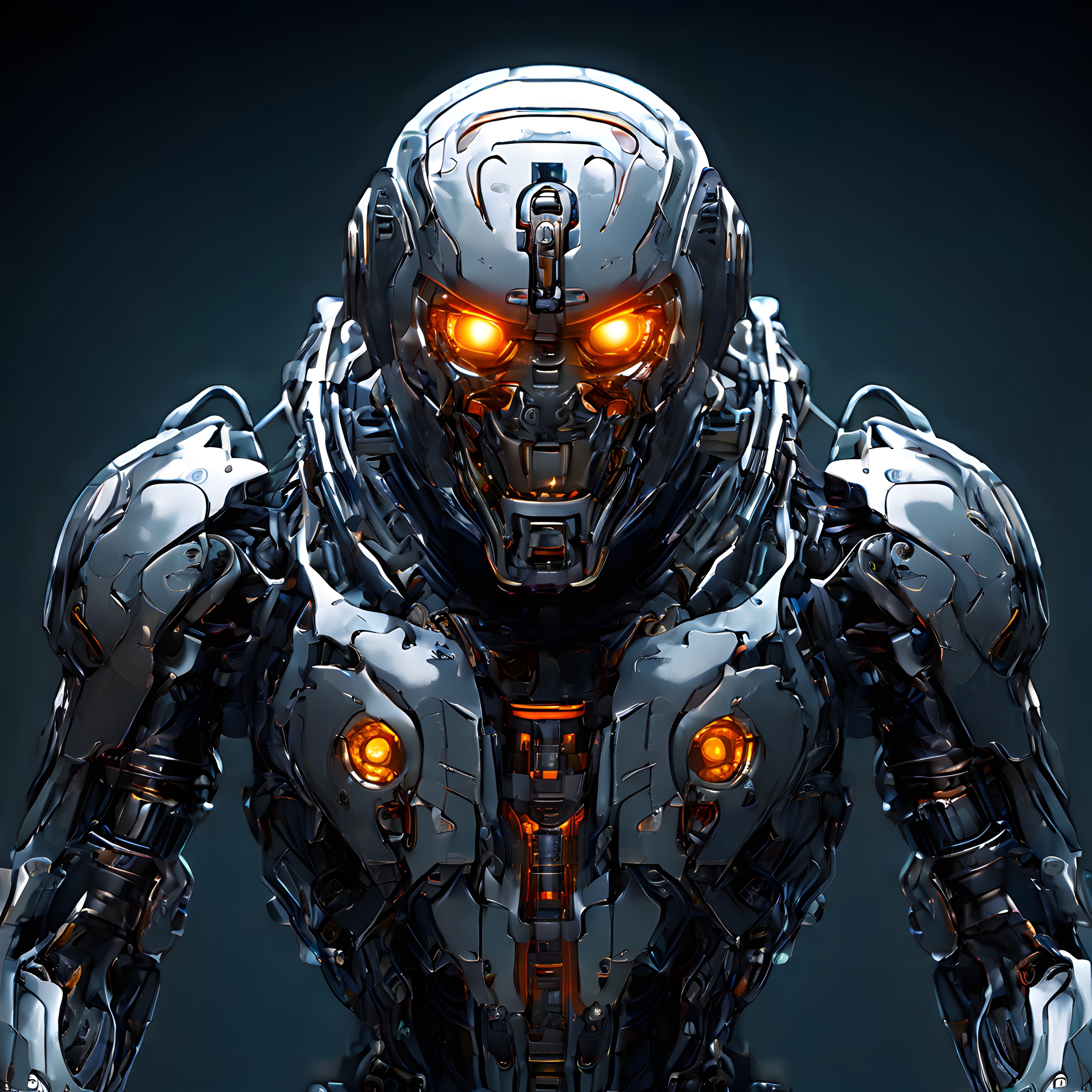 Turuncu Parlayan Gözleriyle Geleceğin Metalik Savaş Robotu Portresi