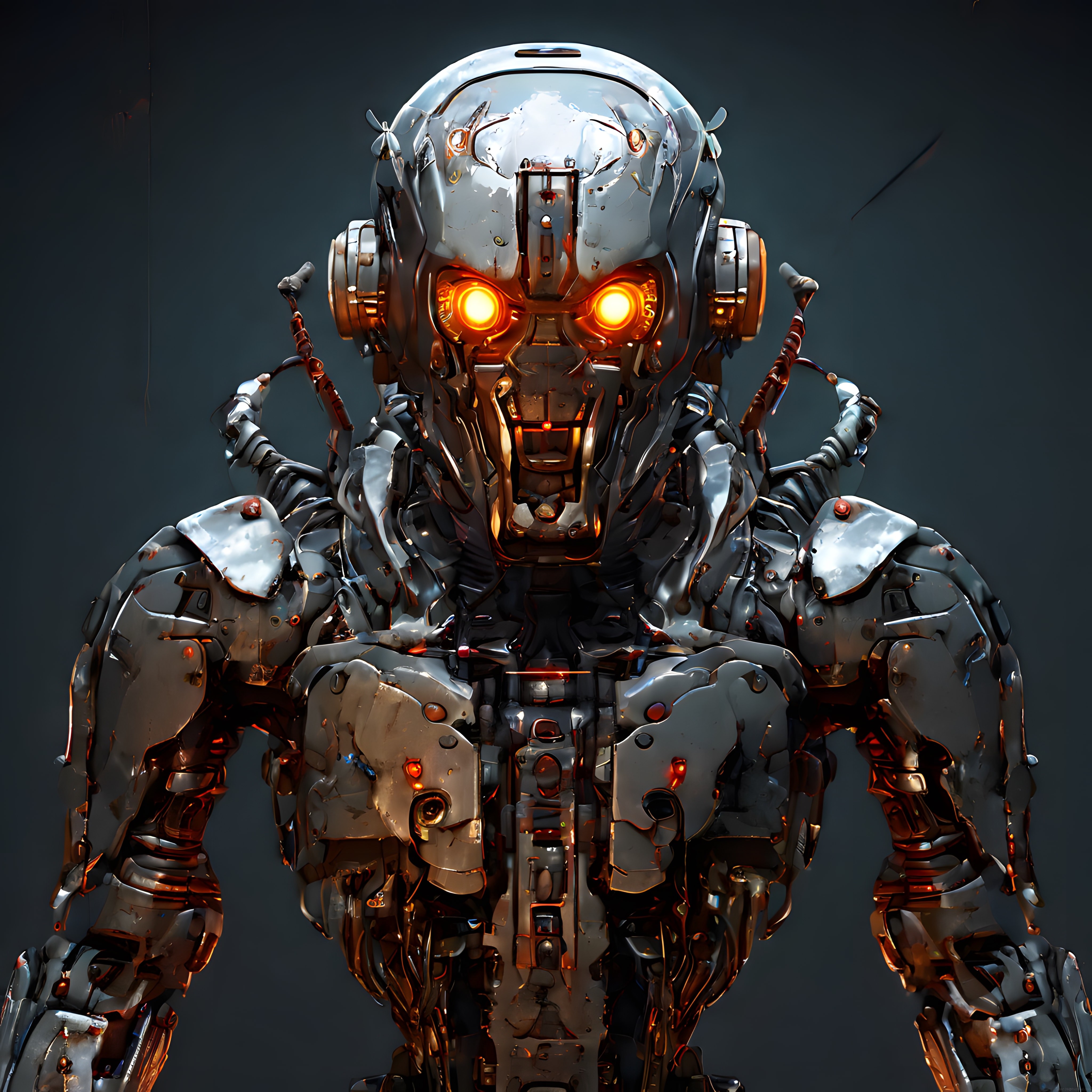 Turuncu Parlayan Gözleriyle Hasarlı Metal İnsansı Robot Portresi