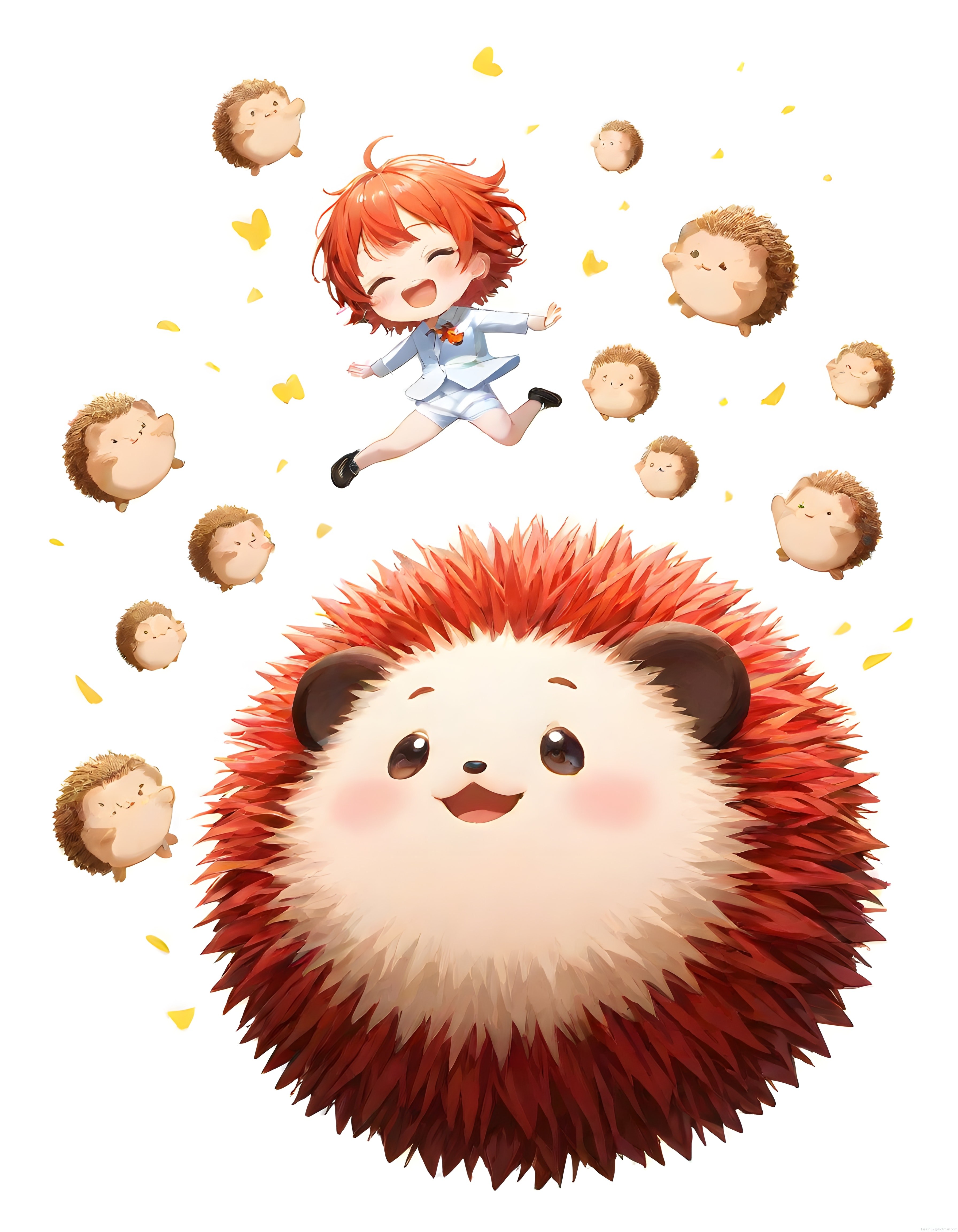 Turuncu Saçlı Anime Kız ve Dev Pofuduk Kirpiyle Neşeli Dijital İllüstrasyon