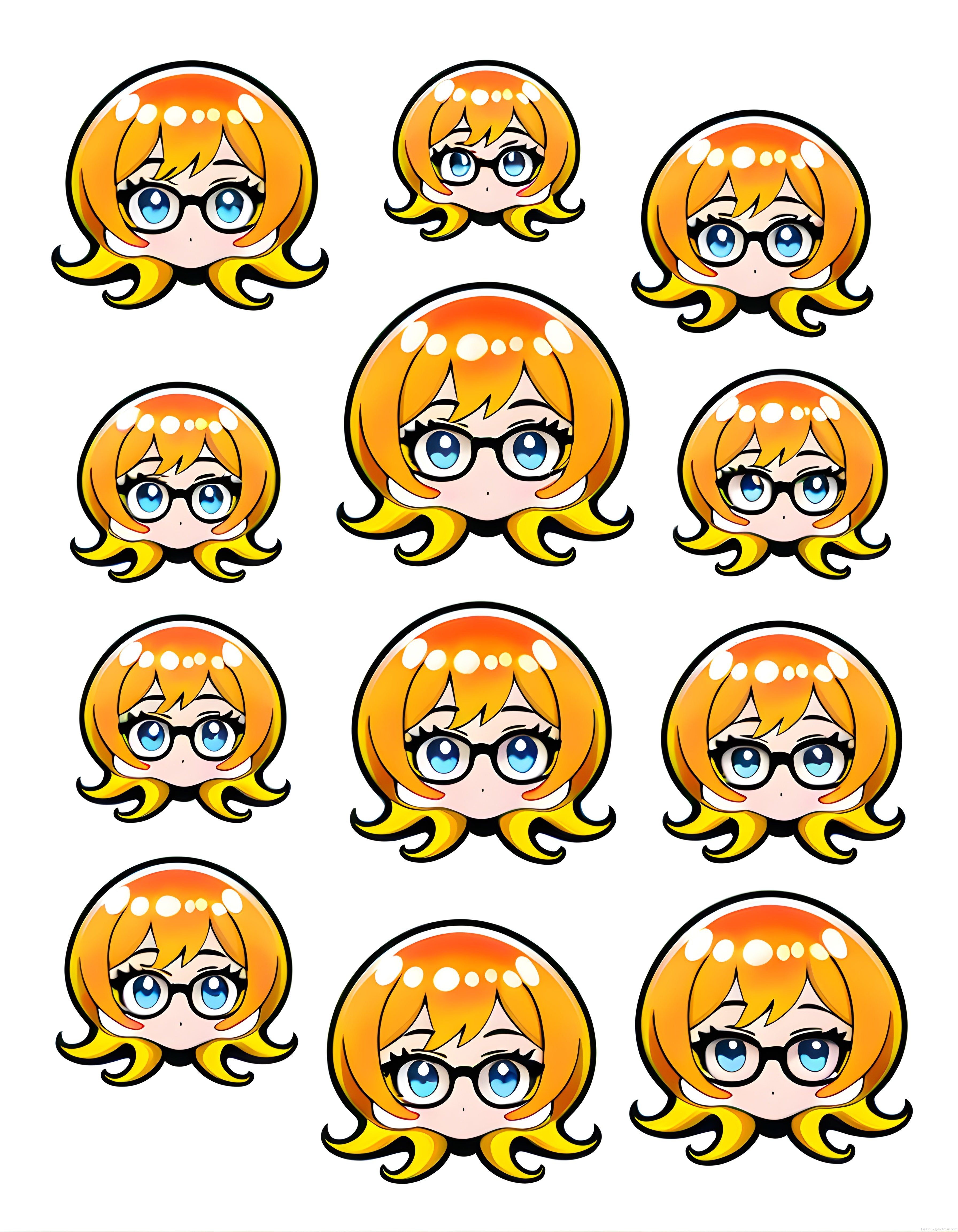 Turuncu saçlı chibi anime kız farklı ifadelerde sevimli avatar seti