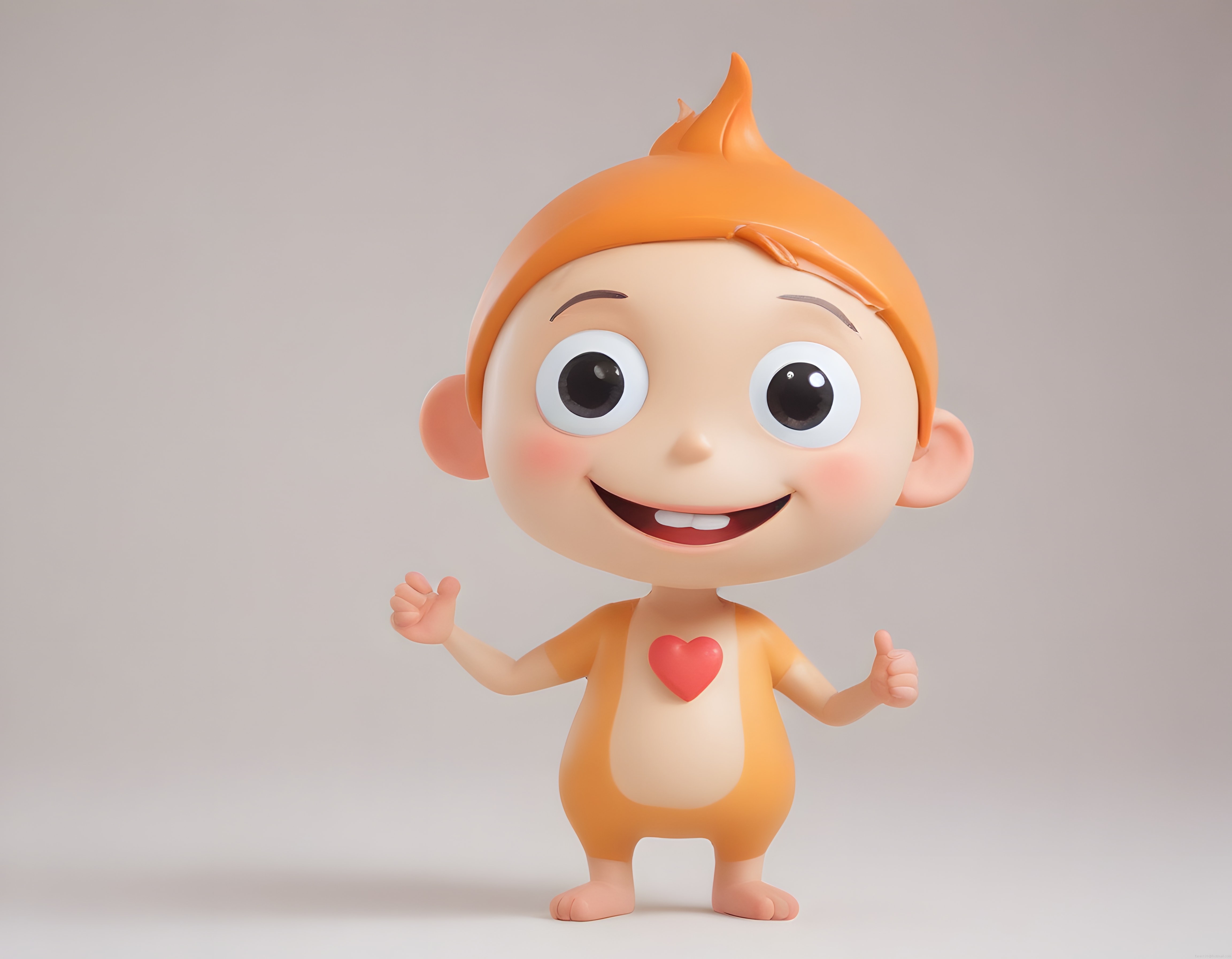 Turuncu saçlı sevimli 3D çizgi film bebek karakteri kalp sembolüyle