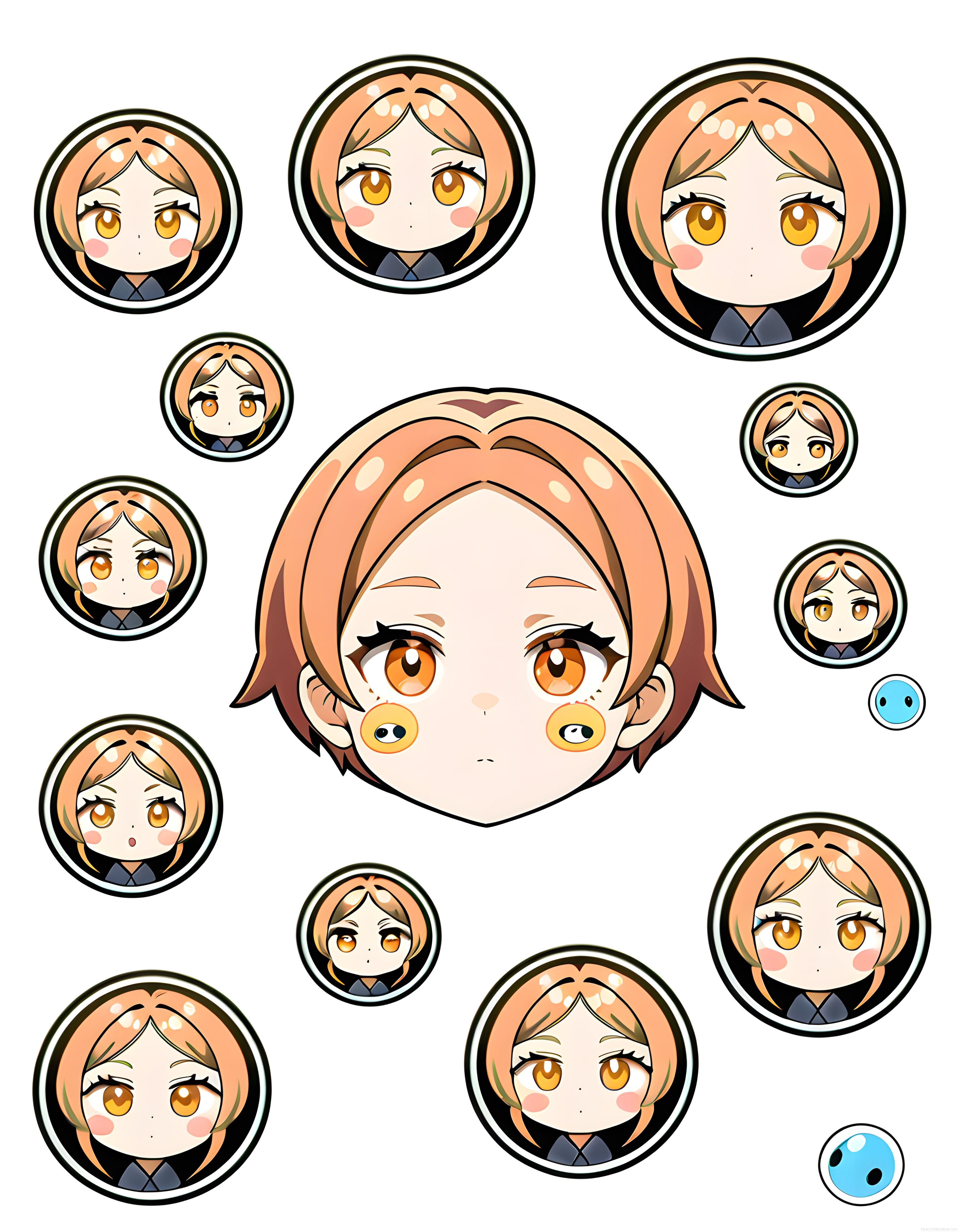 Turuncu Saçlı Sevimli Chibi Anime Karakteri ve Farklı İfade Sticker Seti
