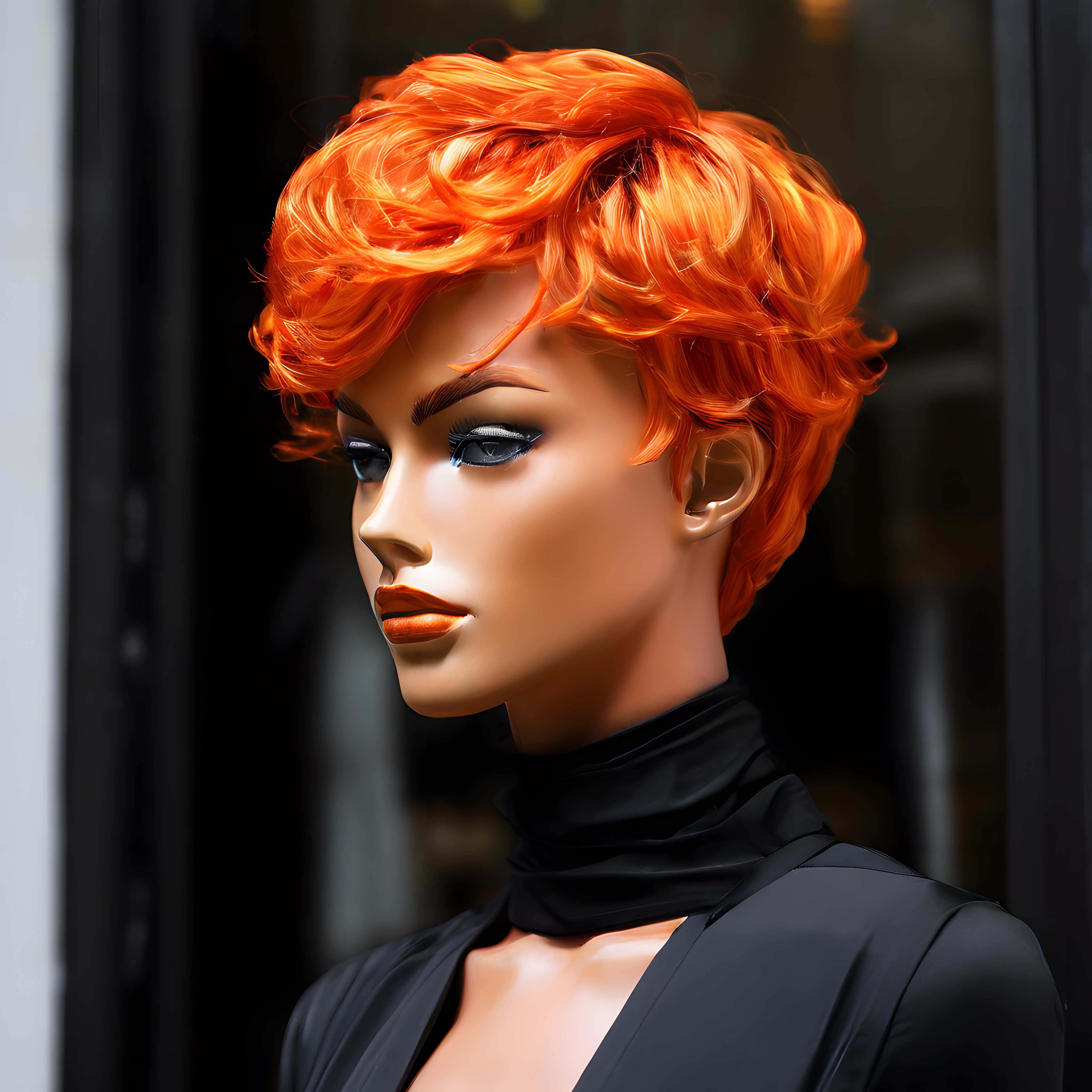 Turuncu Saçlı Vitrin Mankeni ve Parlak Kıvırcık Saç Modeli ile Modern Moda