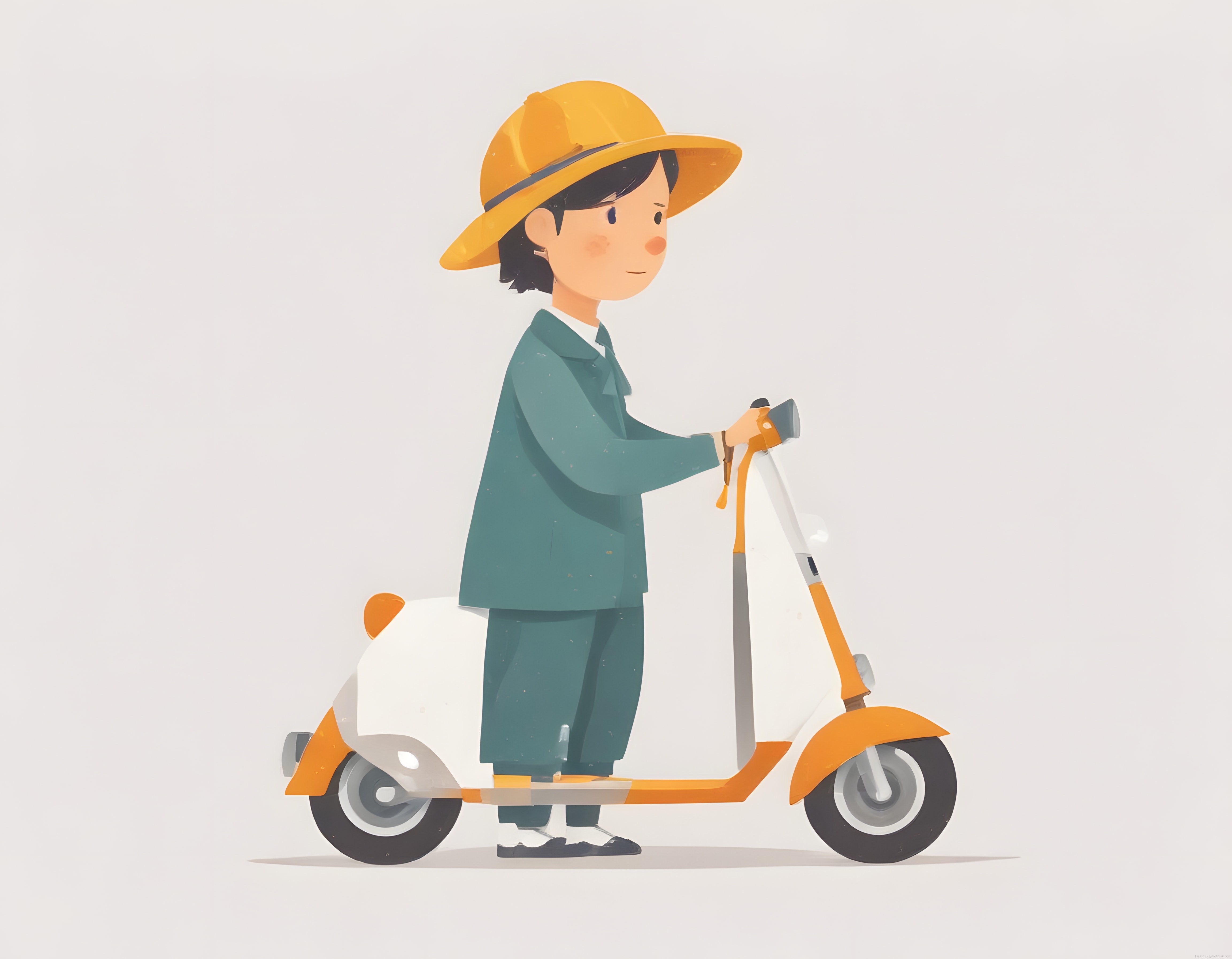 Turuncu Şapkalı Kadın ve Retro Scooter: Minimalist Dijital İllüstrasyon