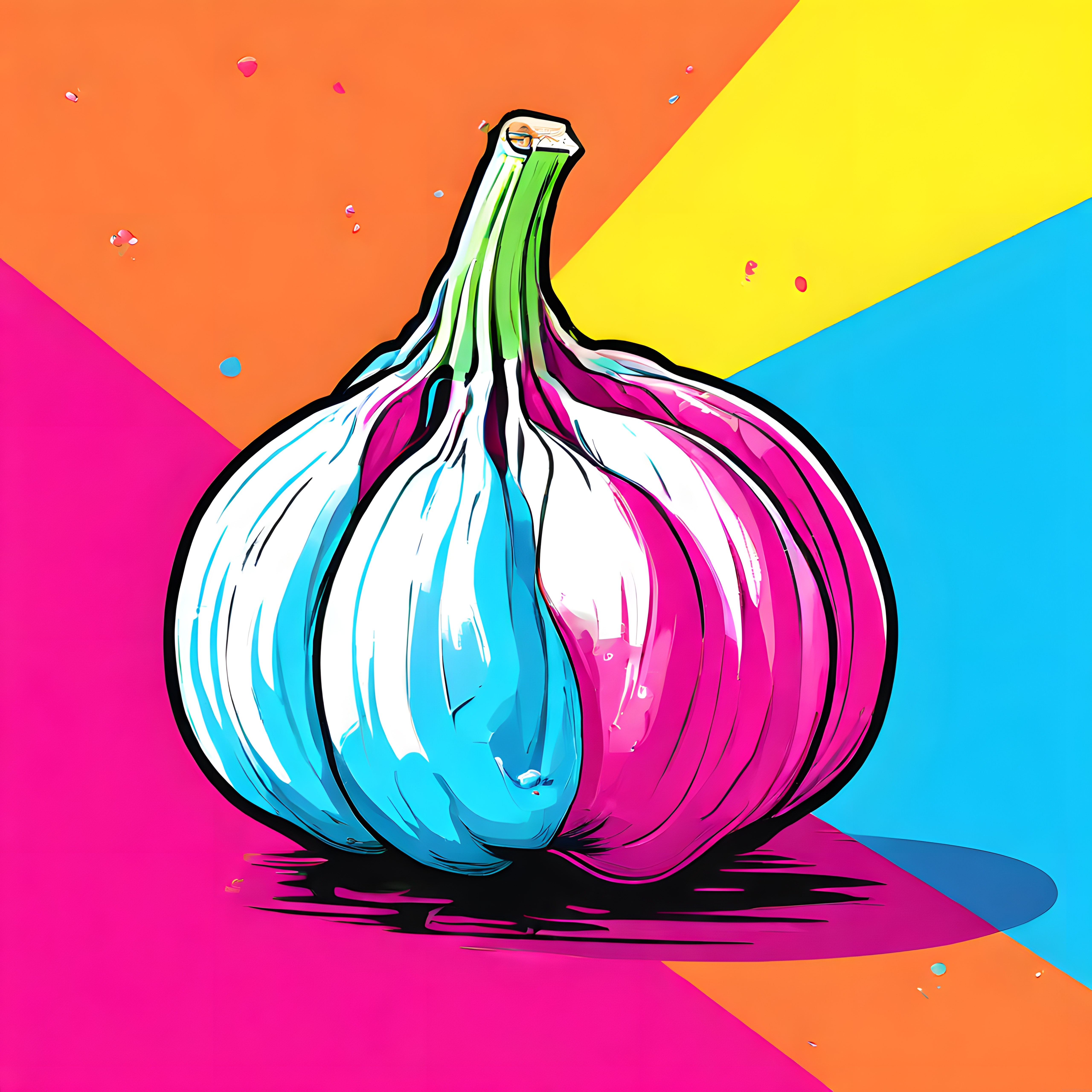 Turuncu, sarı ve pembe fonda pop art tarzında renkli sarımsak illüstrasyonu