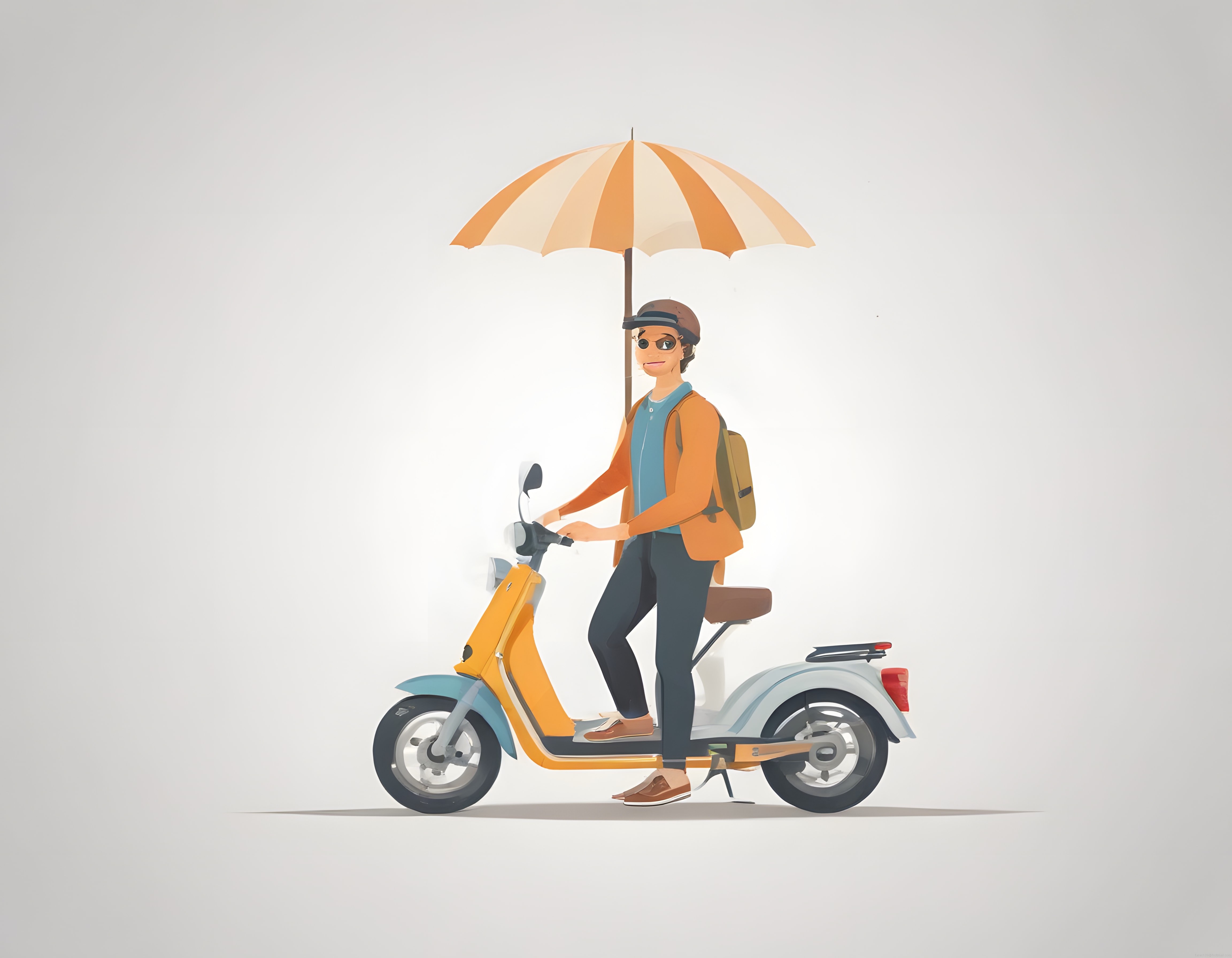 Turuncu Scooter Üzerinde Şemsiyeli Stilize Genç Karakter Tasarımı