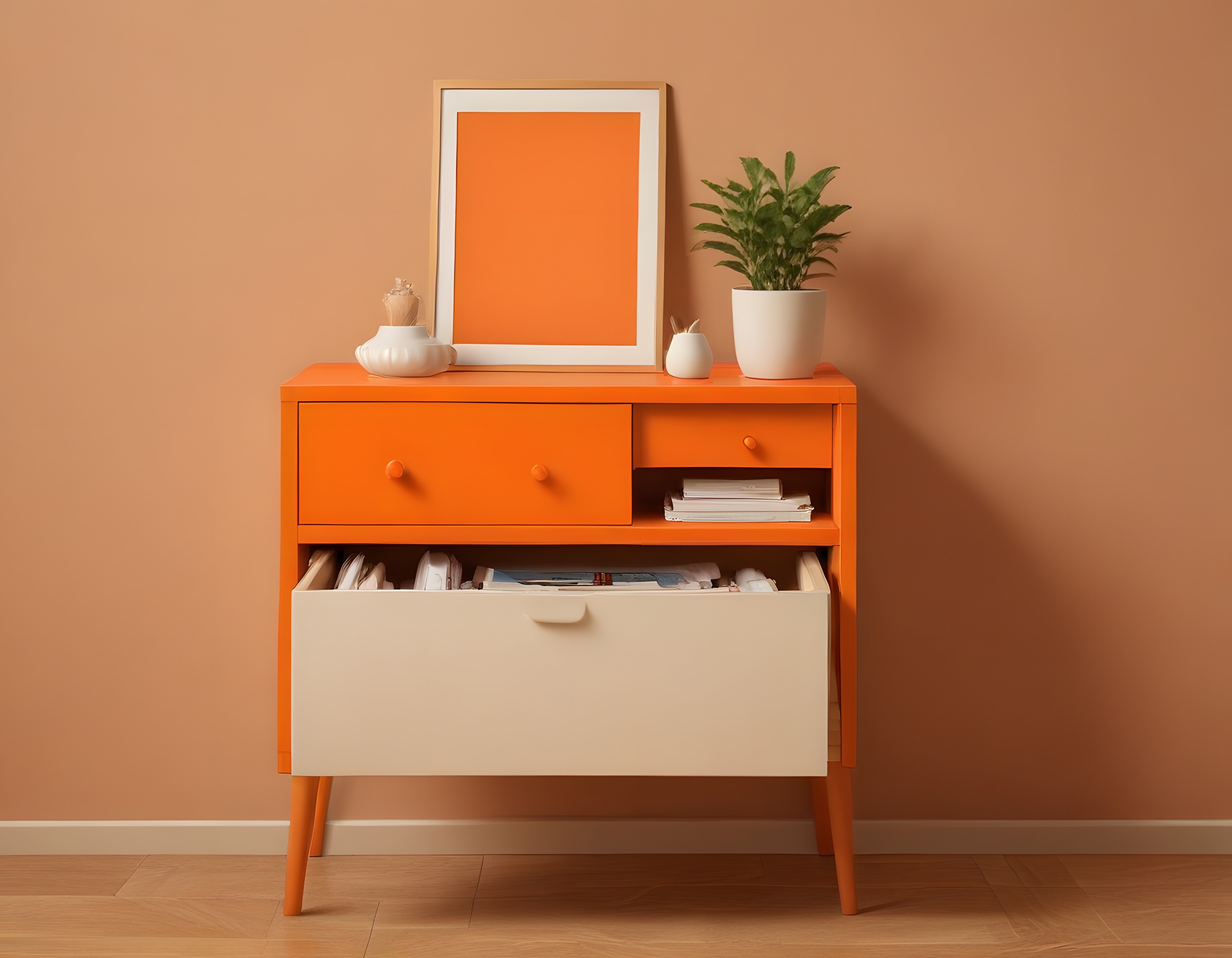 Turuncu Şifonyer ve Boş Çerçeve ile Modern Minimalist İç Mekan Dekorasyonu