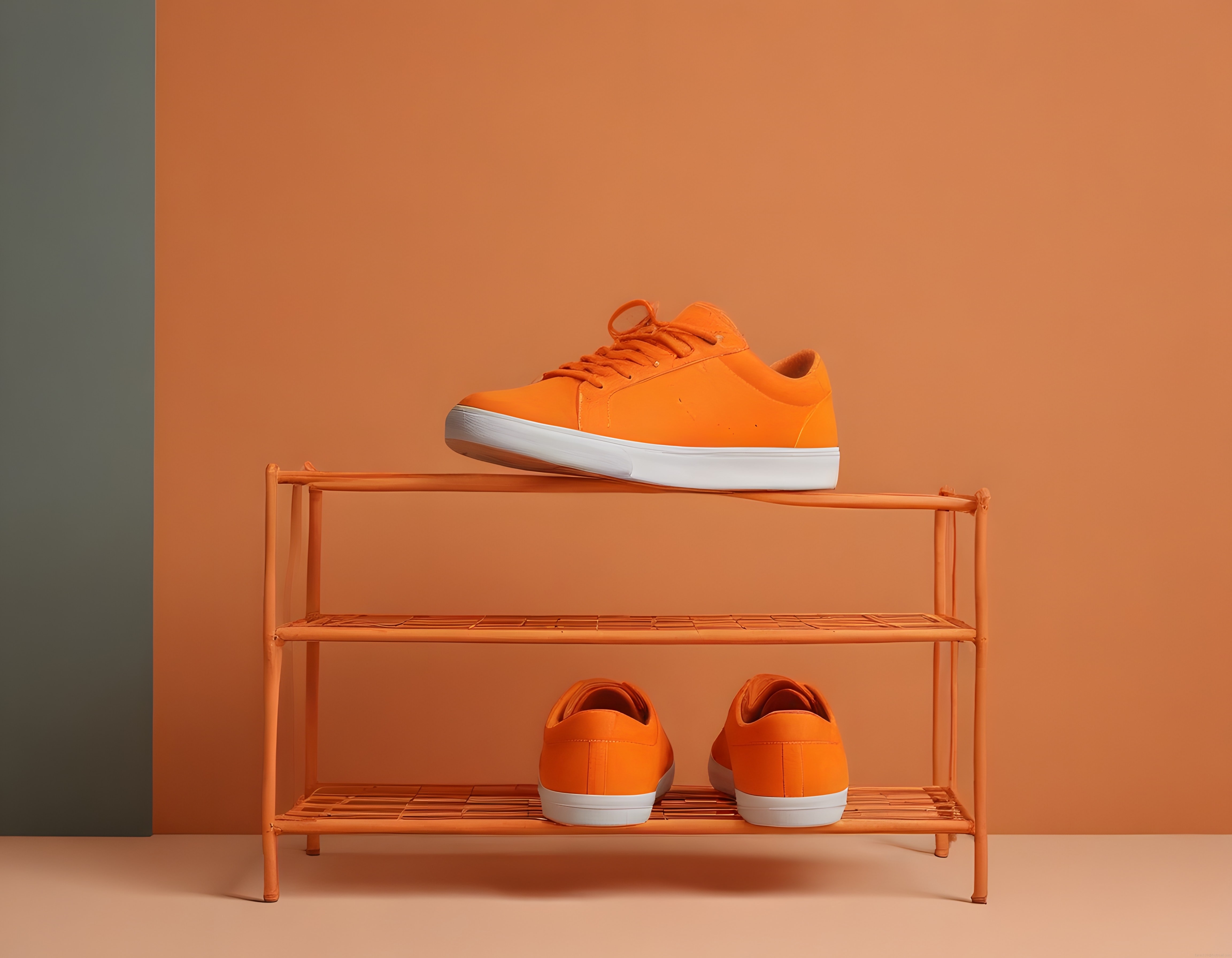Turuncu sneakerların minimalist sunumu ve modern ayakkabı rafı düzeni