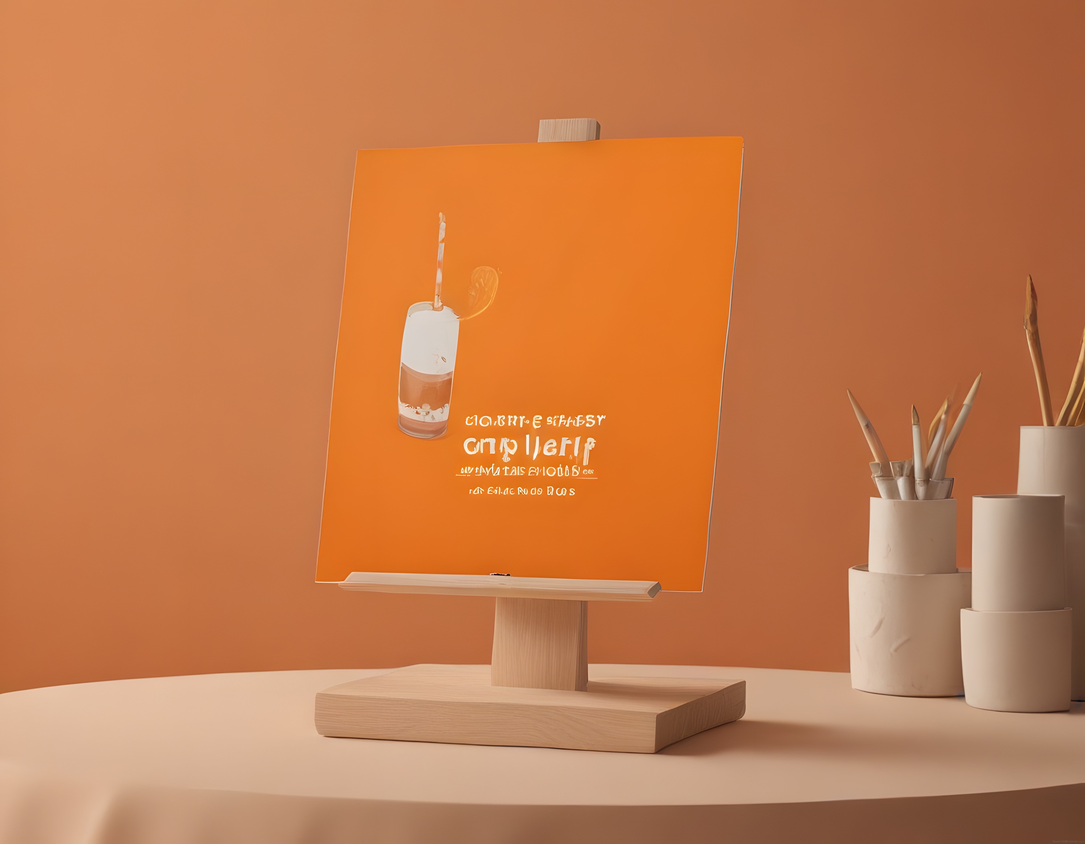 Turuncu Şövale Üzerinde Modern İçecek Posteri ve Minimalist Stüdyo Tasarımı